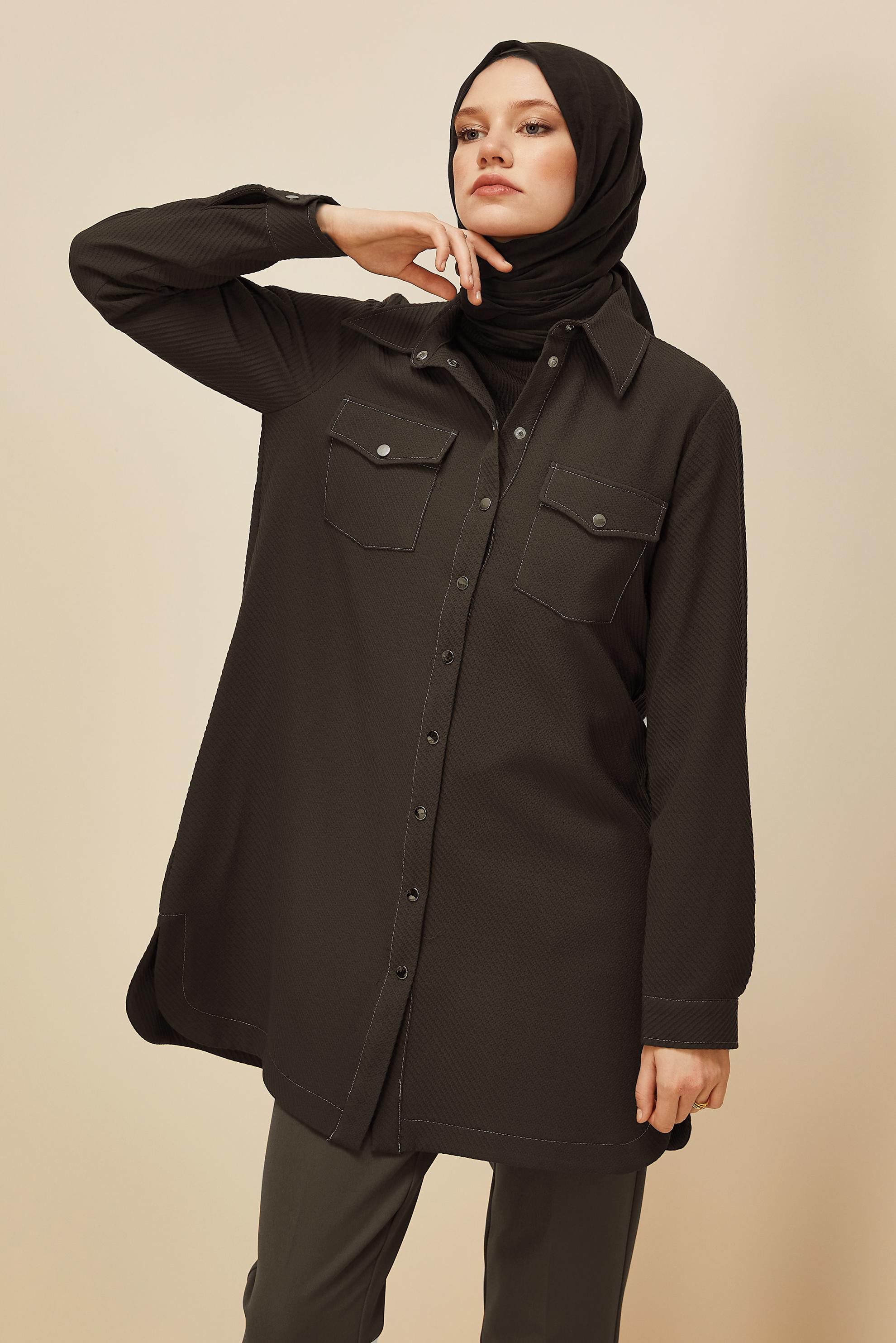 Tesettür giyim KAHVE GÖMLEK YAKALI TUNİK 45987