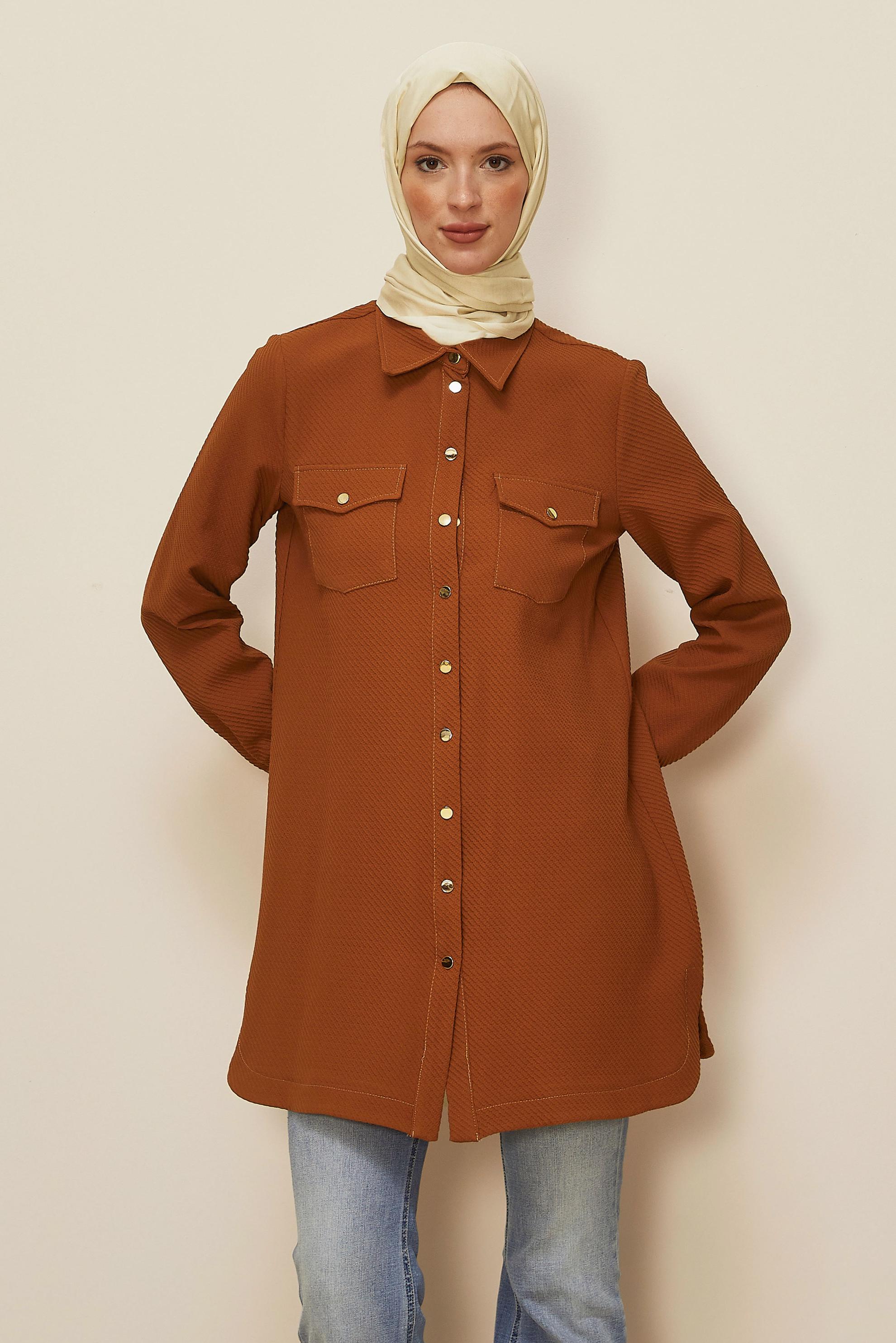 Tesettür giyim TURUNCU GÖMLEK YAKALI TUNİK 45987