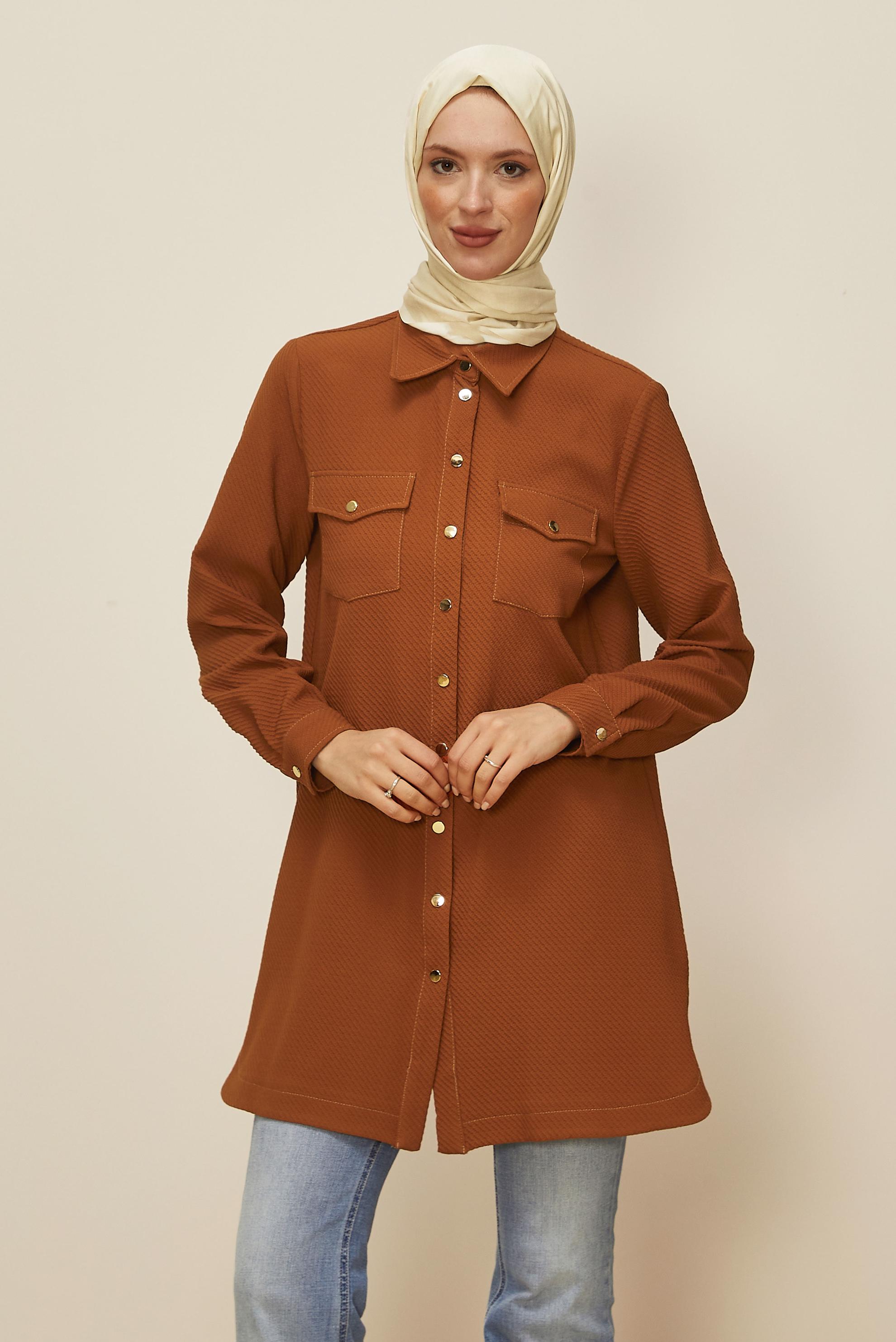 Tesettür giyim TURUNCU GÖMLEK YAKALI TUNİK 45987