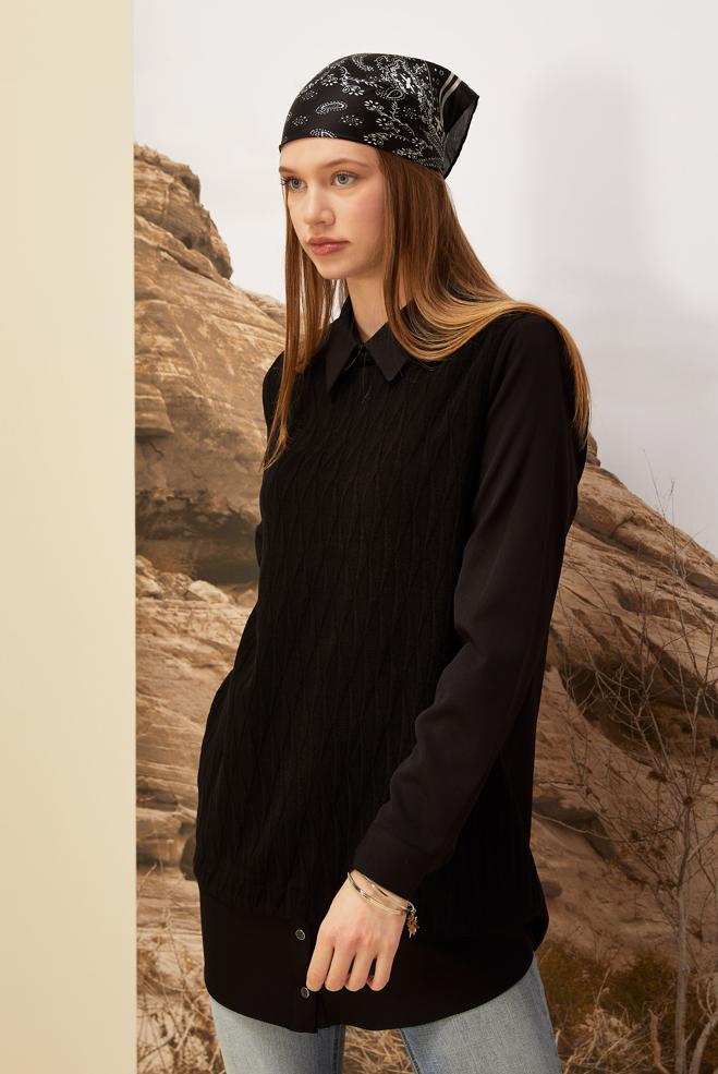 Hijab clothing BLACK SHIRT COLLAR TUNIC 45992 - ALVİNA