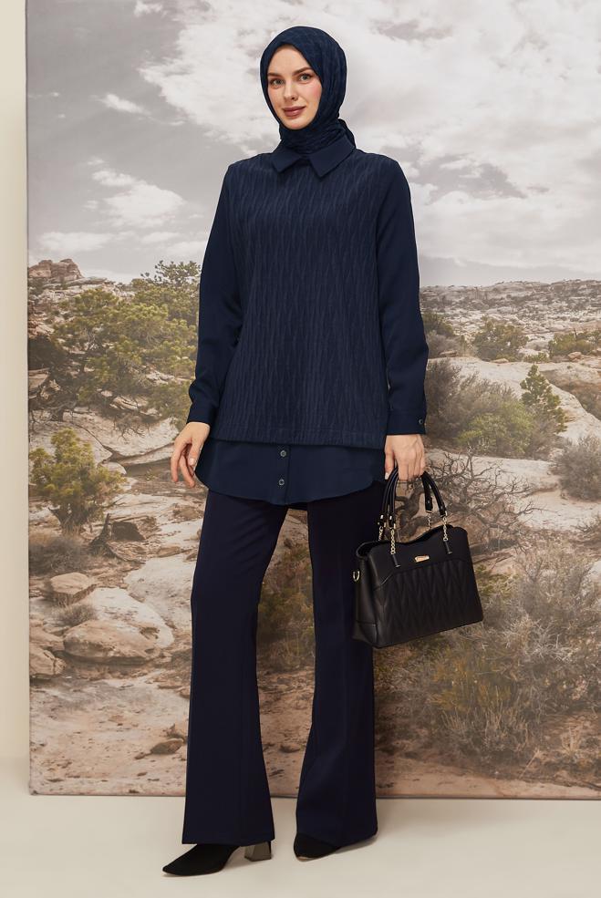 Tesettür giyim LACİVERT GÖMLEK YAKA TUNİK 45992 - ALVİNA