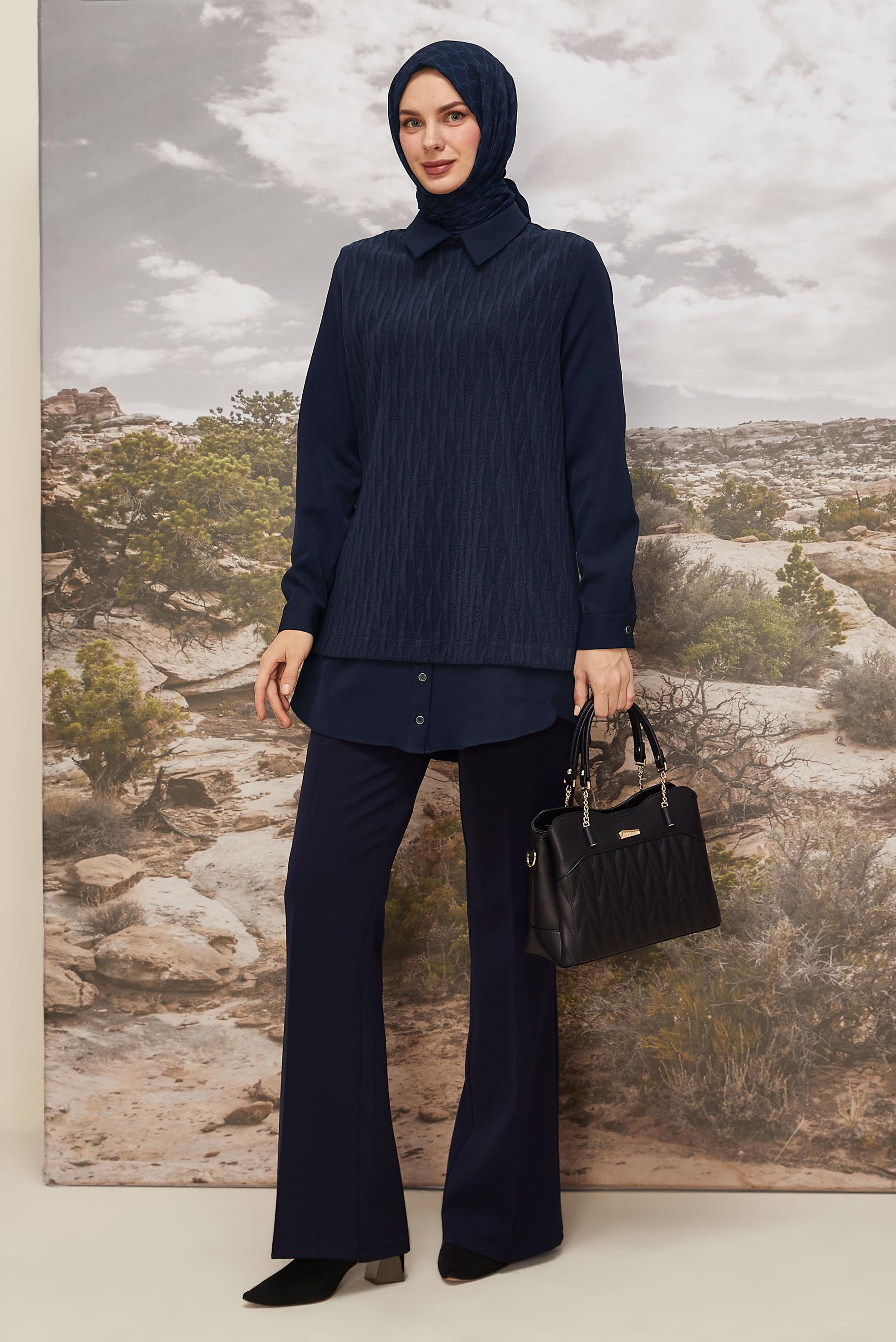 Hijab clothing NAVY BLUE SHIRT COLLAR TUNIC 45992