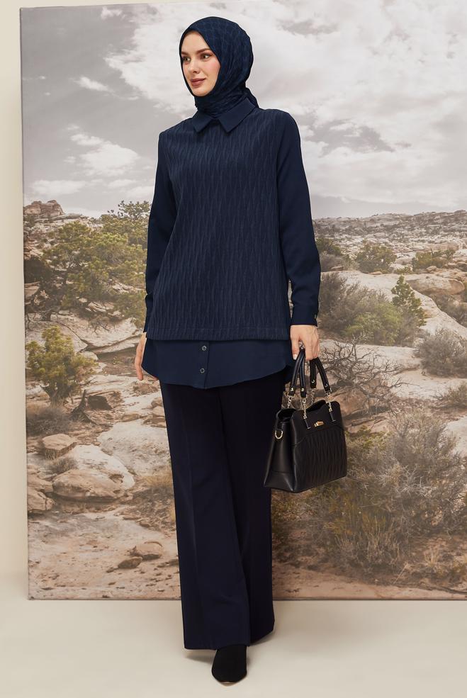 Tesettür giyim LACİVERT GÖMLEK YAKA TUNİK 45992 - ALVİNA