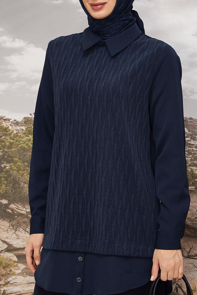 Tesettür giyim LACİVERT GÖMLEK YAKA TUNİK 45992 - ALVİNA