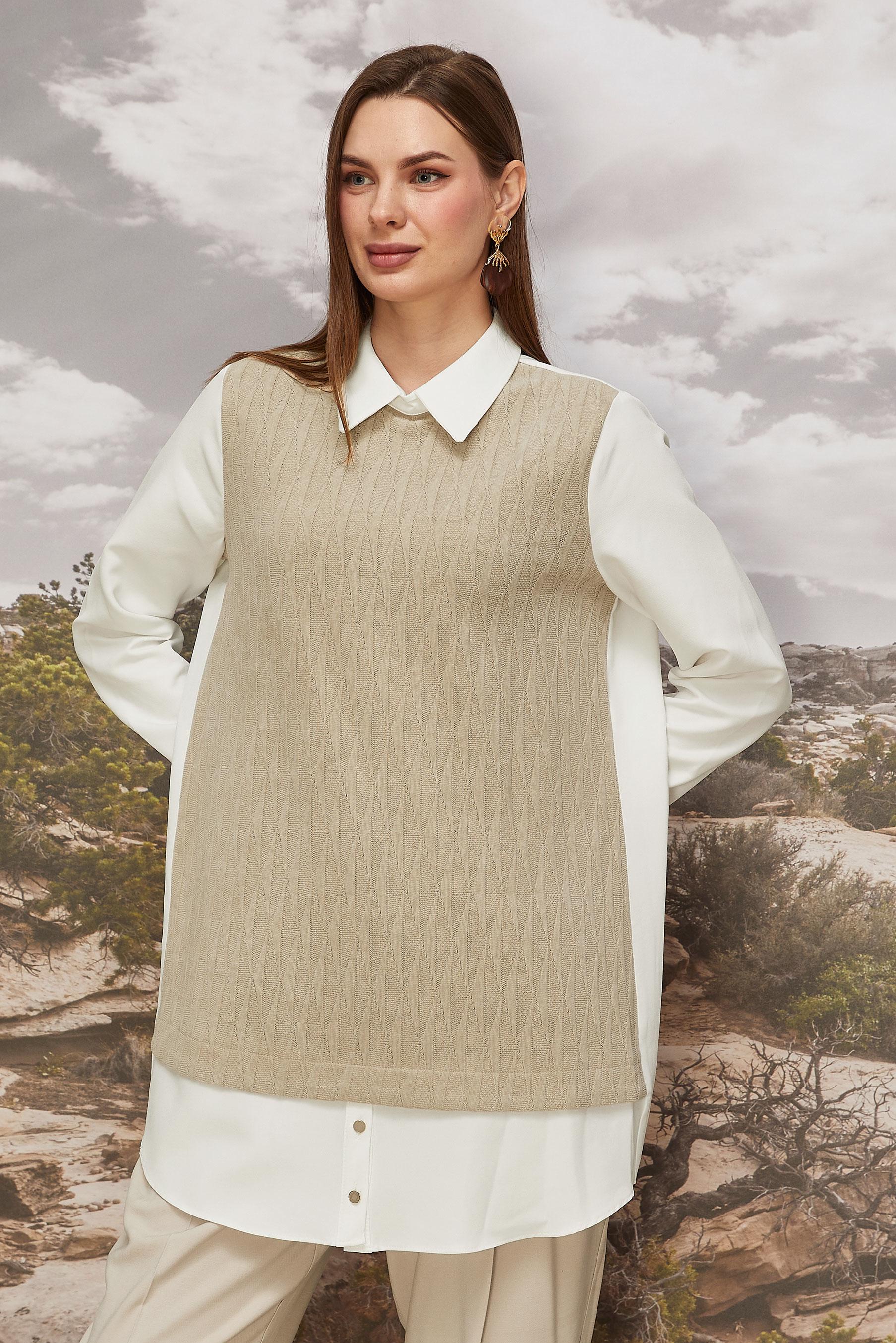 Tesettür giyim EKRU GÖMLEK YAKA TUNİK 45992