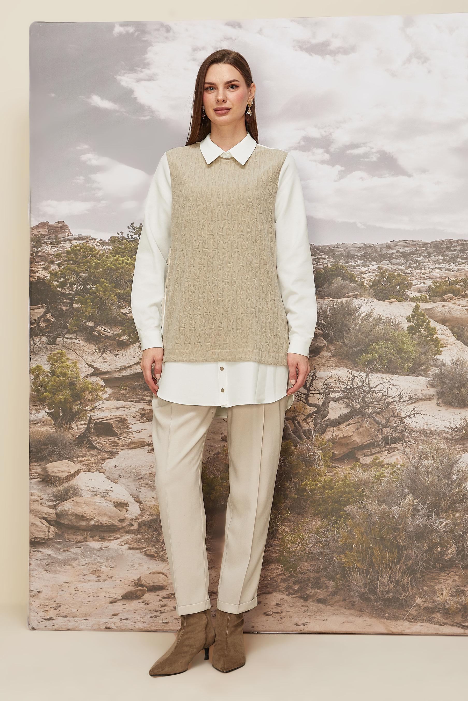 Tesettür giyim EKRU GÖMLEK YAKA TUNİK 45992