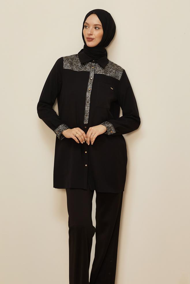 Tesettür giyim SİYAH GÖMLEK YAKA TUNİK 45993 - ALVİNA