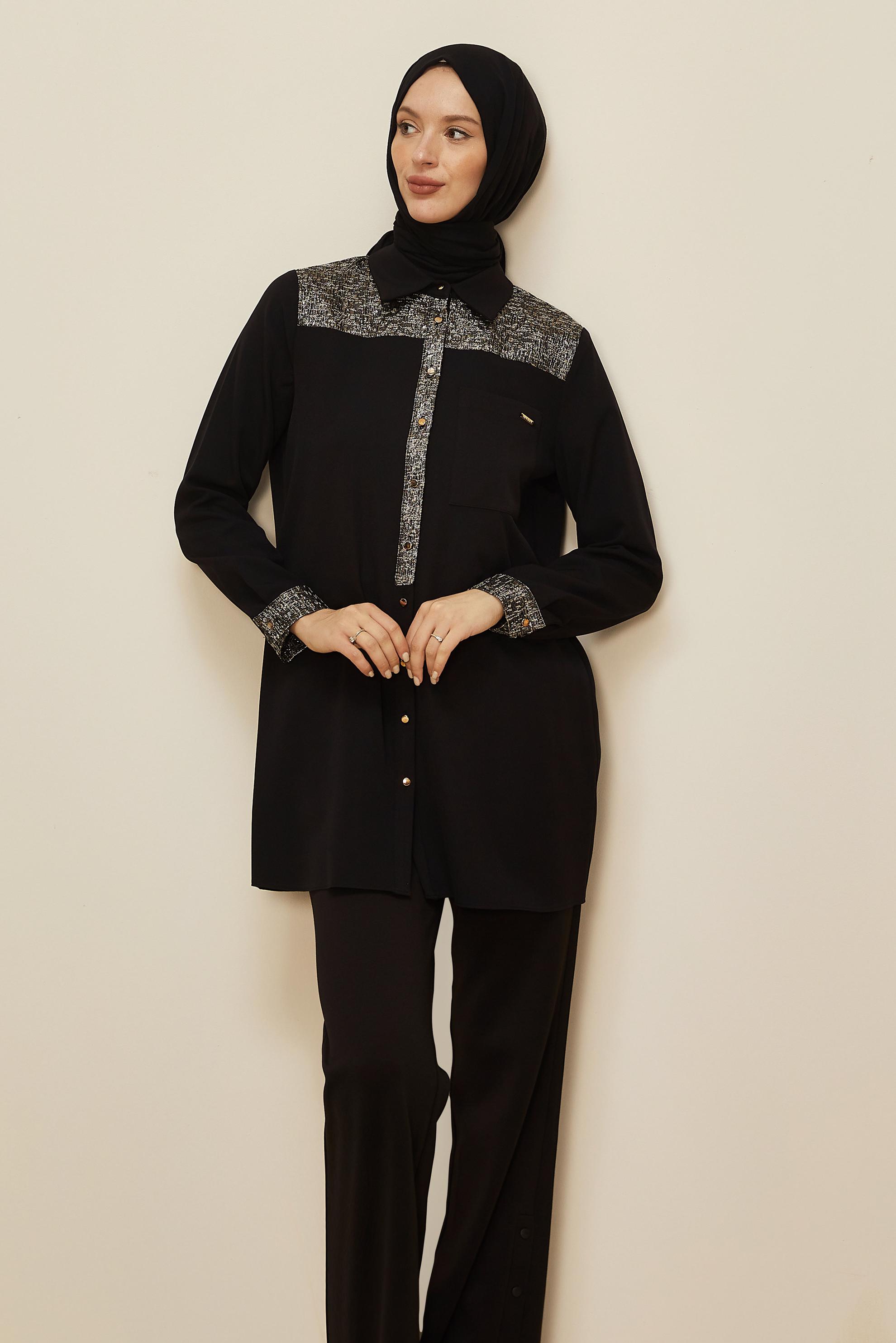 Tesettür giyim SİYAH GÖMLEK YAKA TUNİK 45993