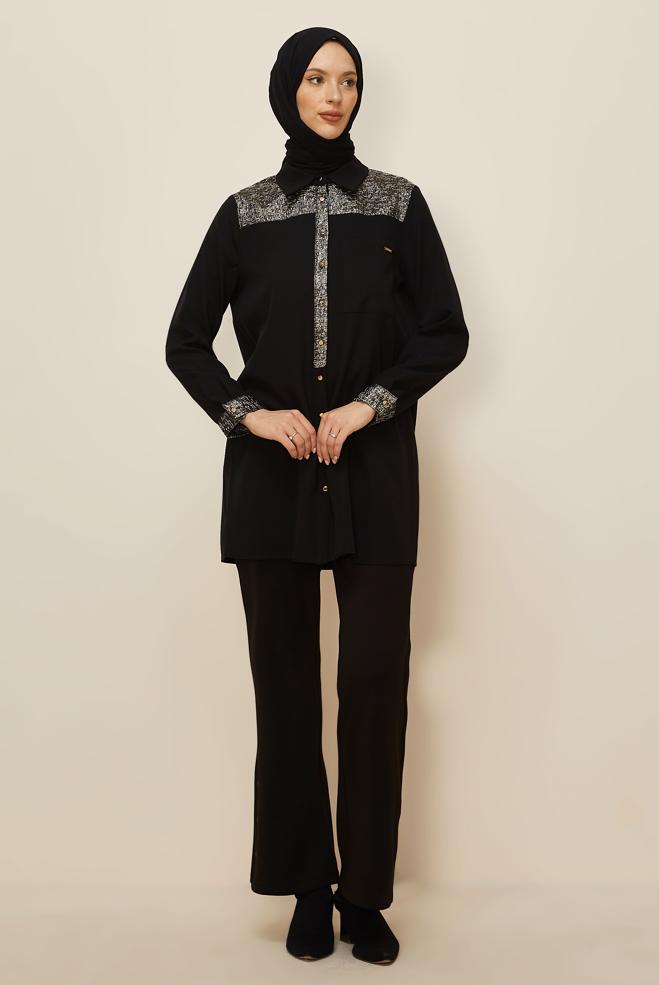 Tesettür giyim SİYAH GÖMLEK YAKA TUNİK 45993 - ALVİNA