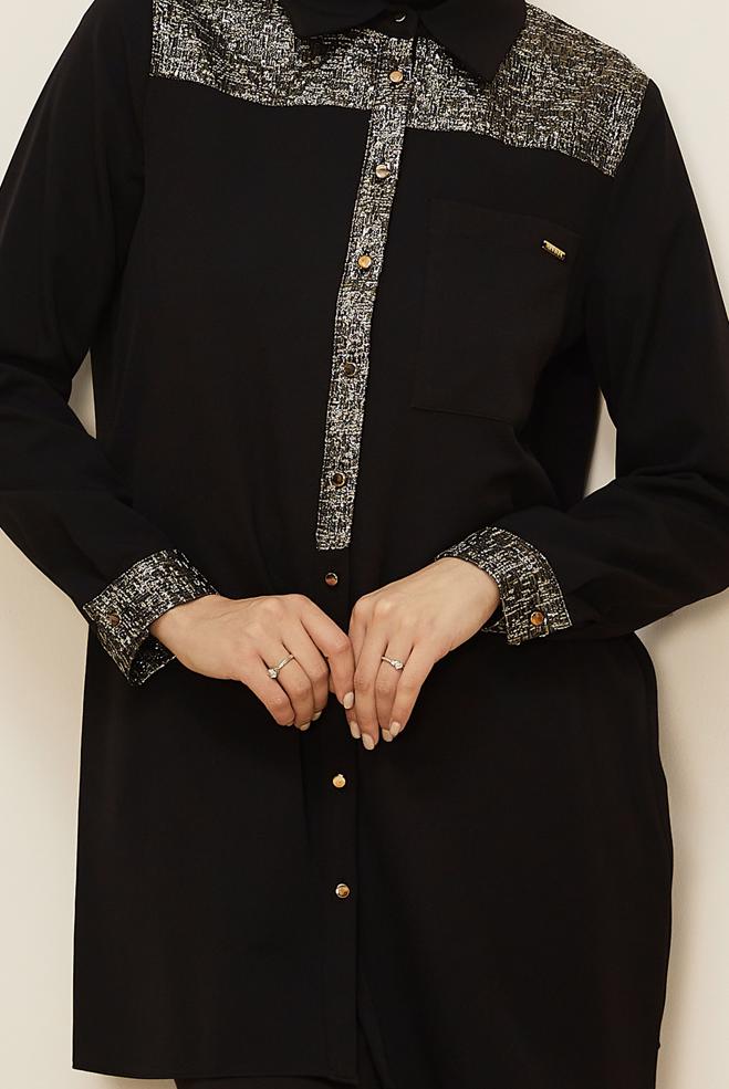 Tesettür giyim SİYAH GÖMLEK YAKA TUNİK 45993 - ALVİNA