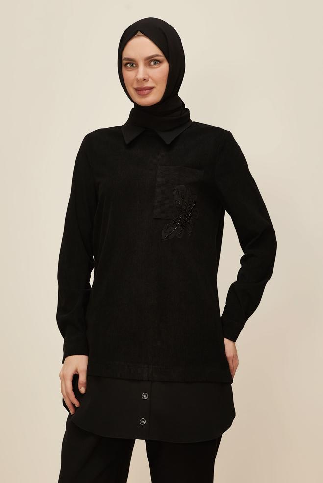 Hijab clothing BLACK SHIRT COLLAR TUNIC 46006 - ALVİNA