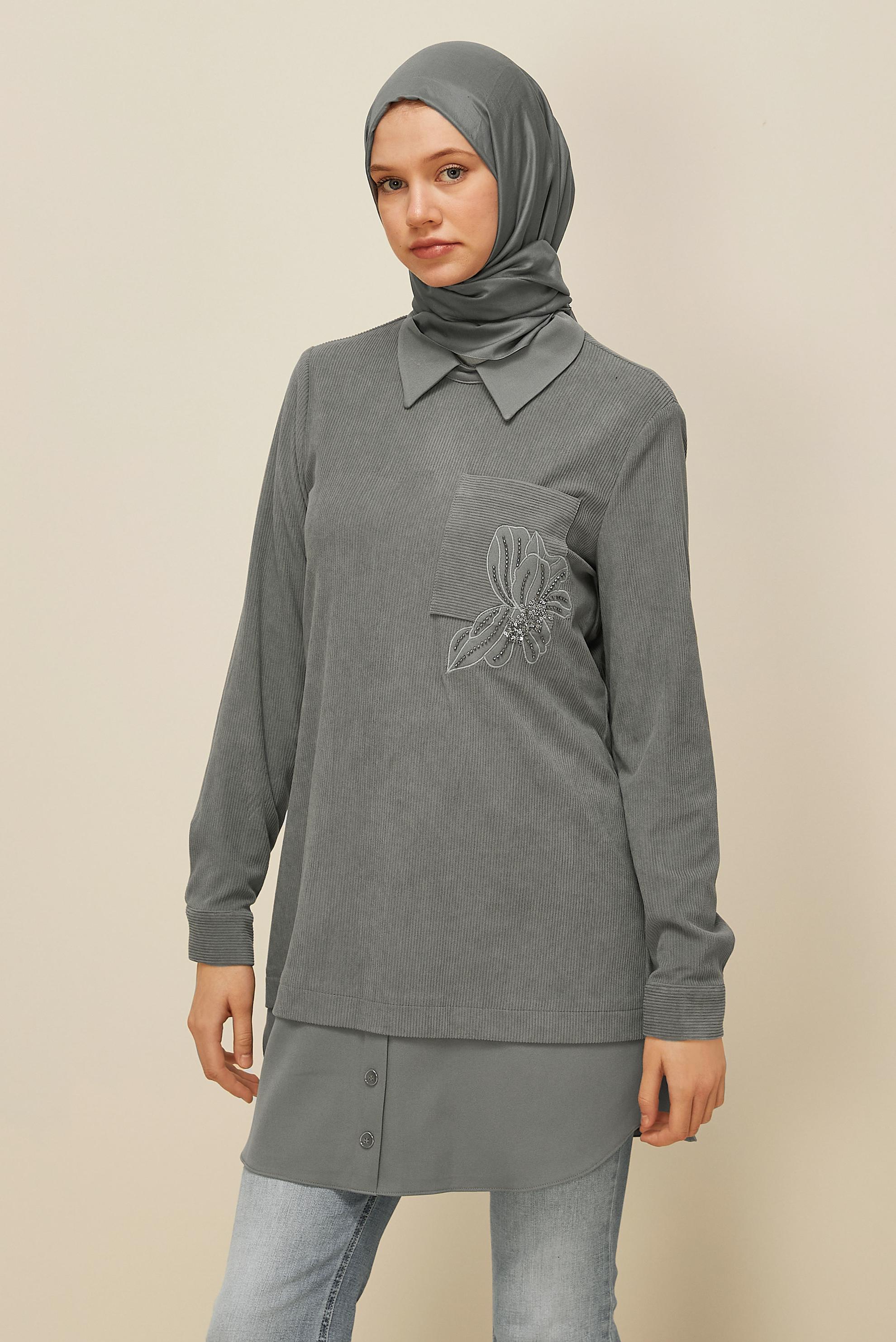 Tesettür giyim GRİ GÖMLEK GARNİLİ TUNİK 46006