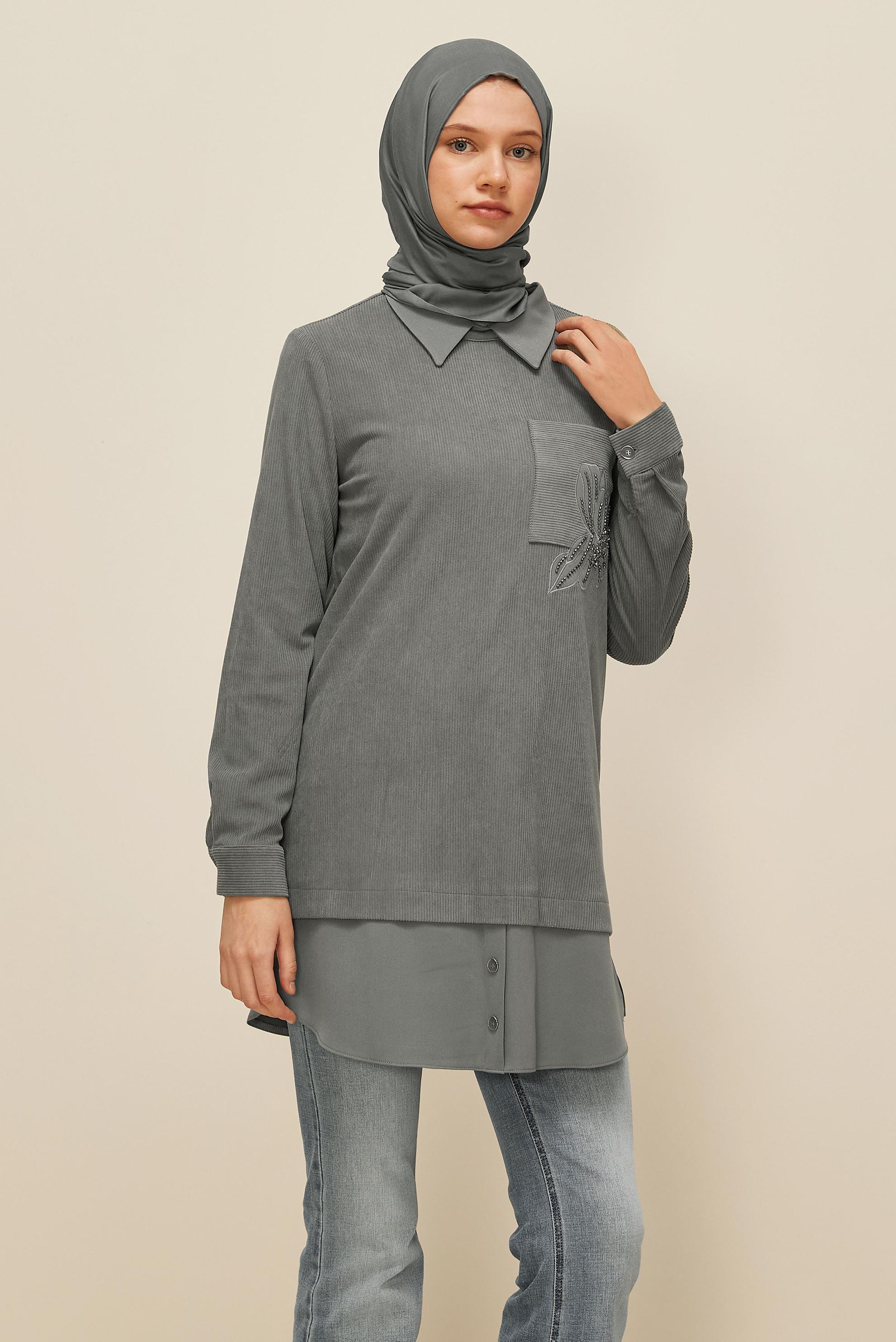 Tesettür giyim GRİ GÖMLEK GARNİLİ TUNİK 46006