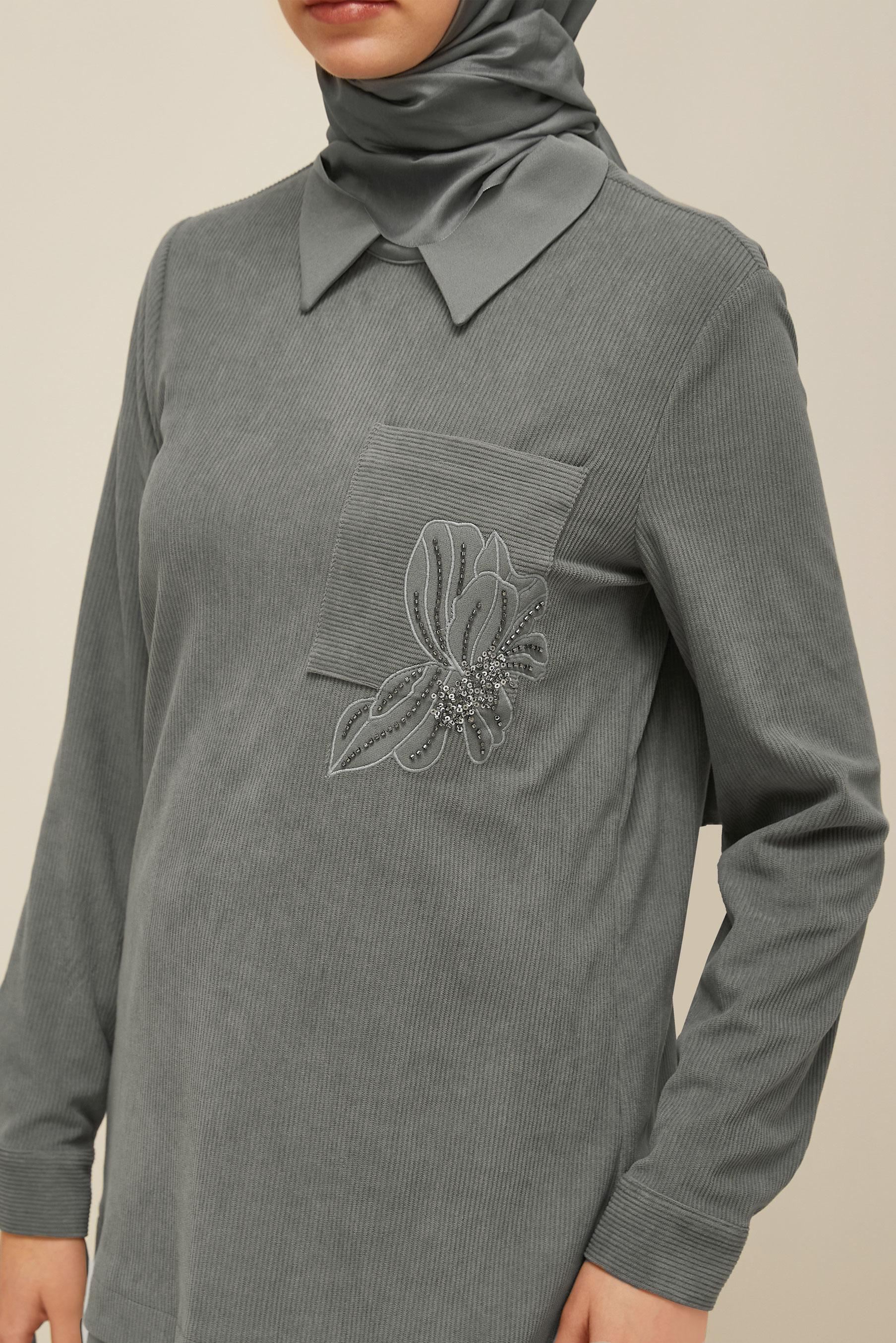 Tesettür giyim GRİ GÖMLEK GARNİLİ TUNİK 46006