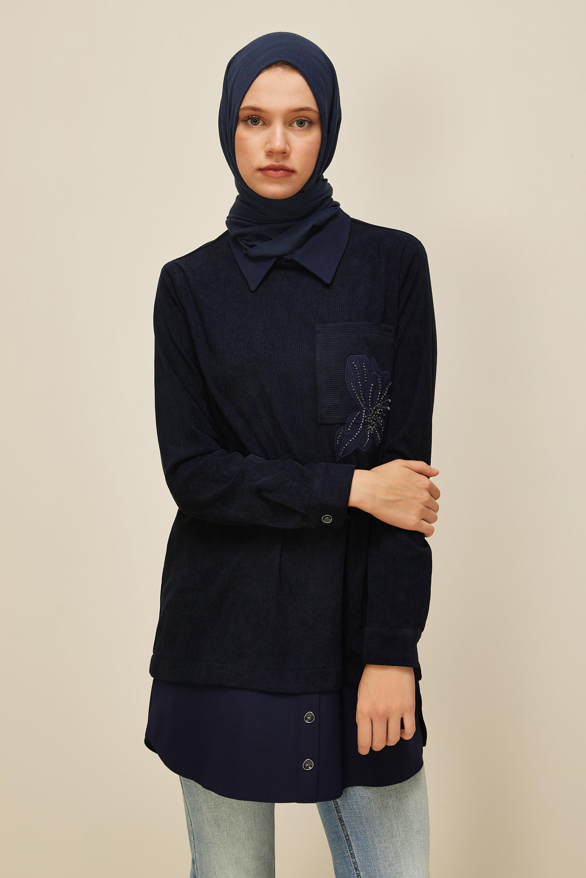 Tesettür giyim LACİVERT GÖMLEK GARNİLİ TUNİK 46006