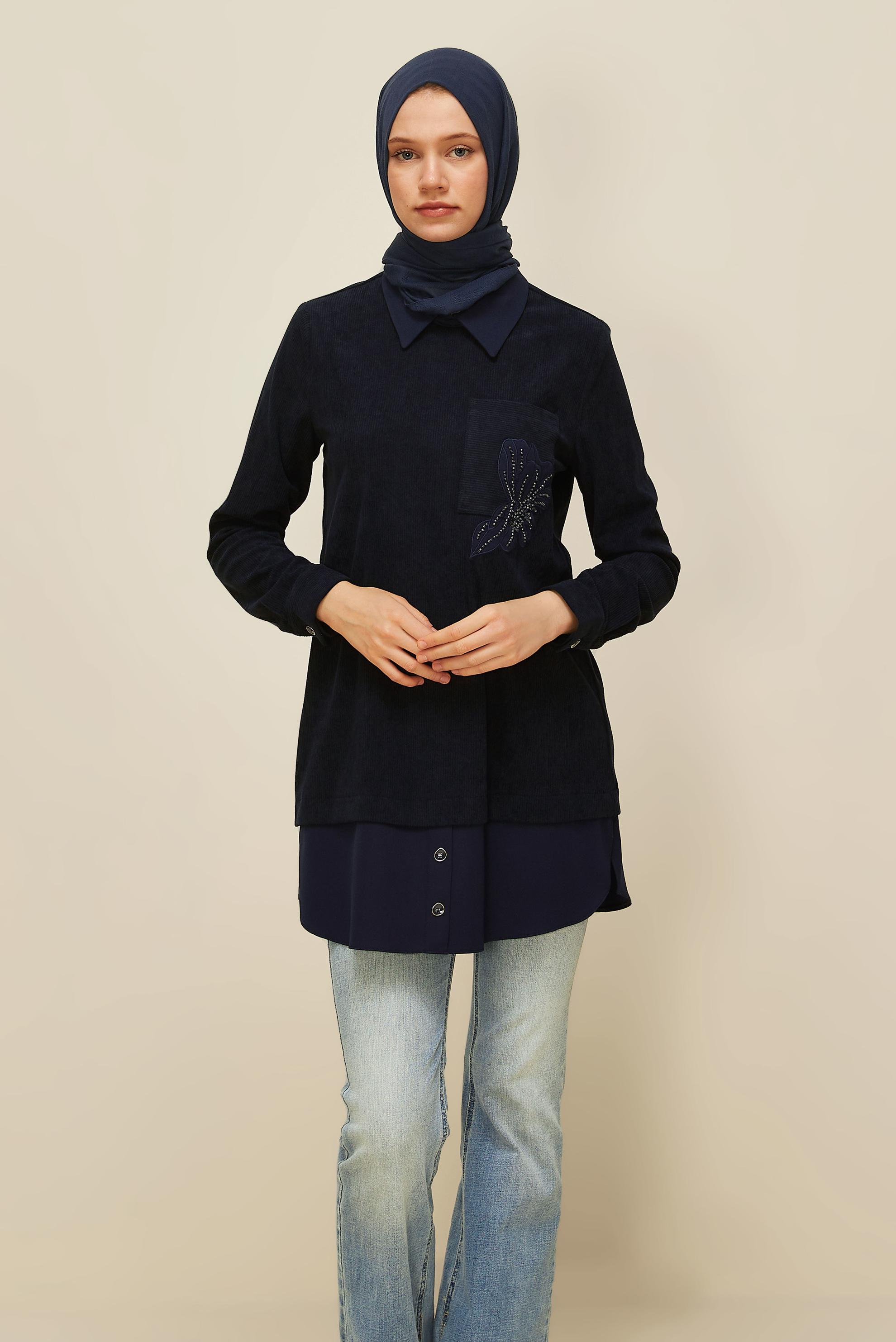 Tesettür giyim LACİVERT GÖMLEK GARNİLİ TUNİK 46006