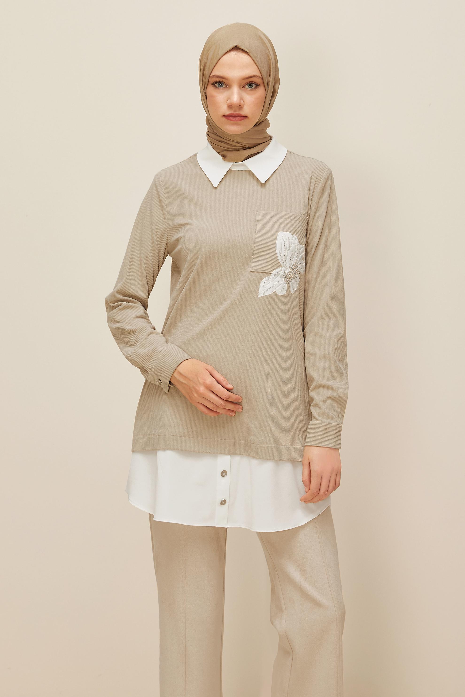 Tesettür giyim BEJ GÖMLEK GARNİLİ TUNİK 46006