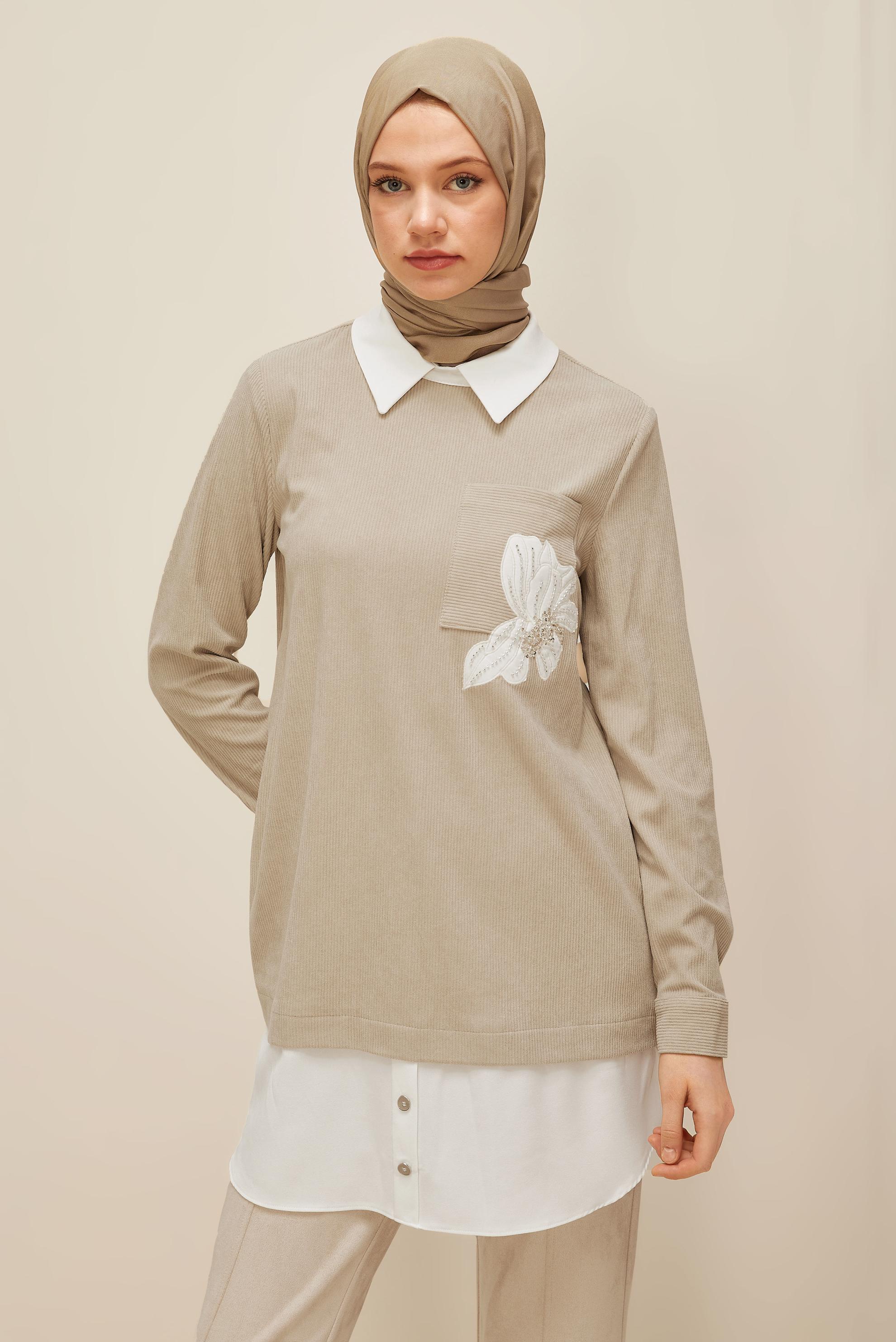 Tesettür giyim BEJ GÖMLEK GARNİLİ TUNİK 46006