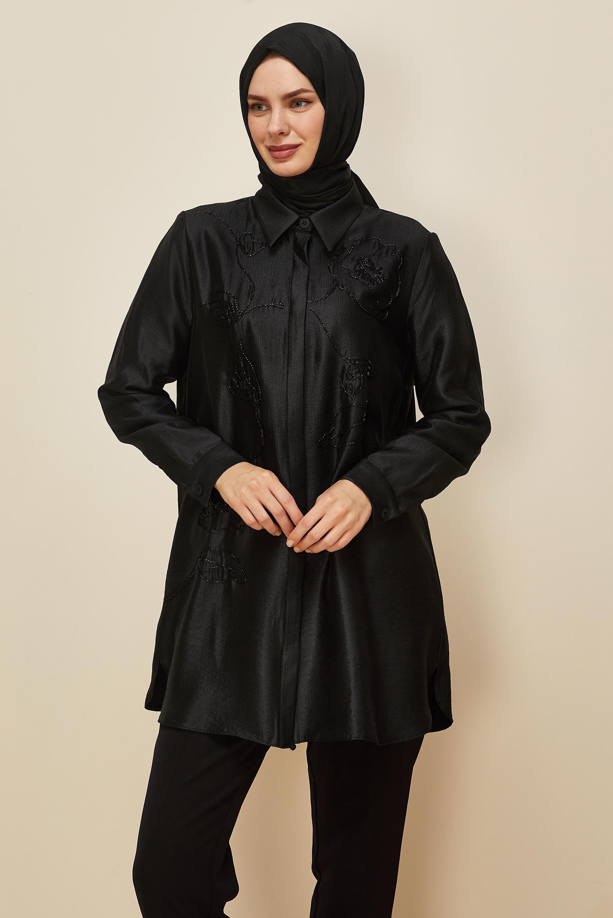 Vêtements hijab NOIR TUNIQUE BRODÉE DE PERLES 46021