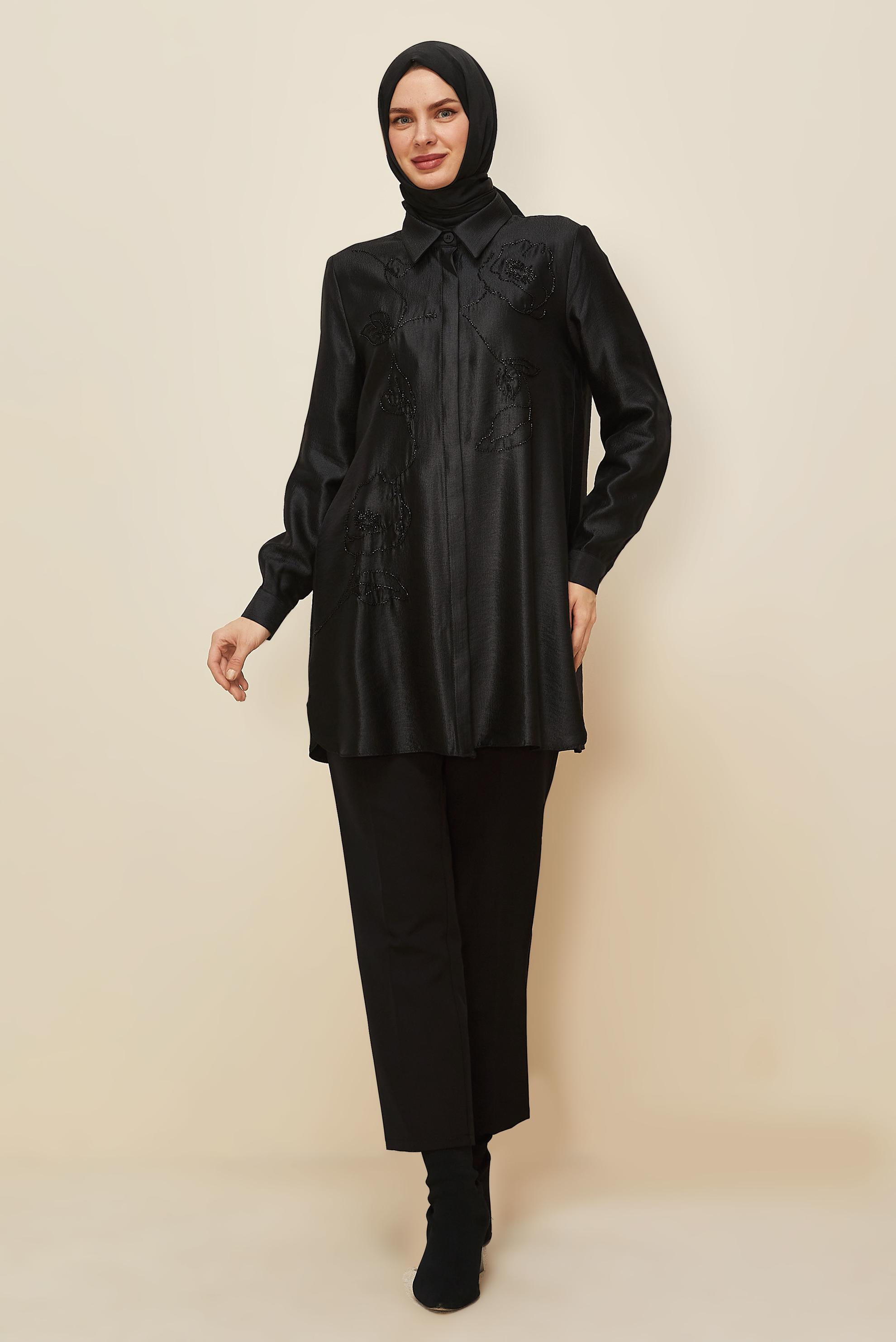 Vêtements hijab NOIR TUNIQUE BRODÉE DE PERLES 46021