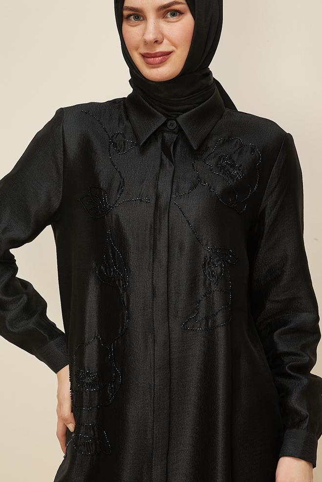 Tesettür giyim SİYAH BONCUK İŞLEMELİ TUNİK 46021 - ALVİNA