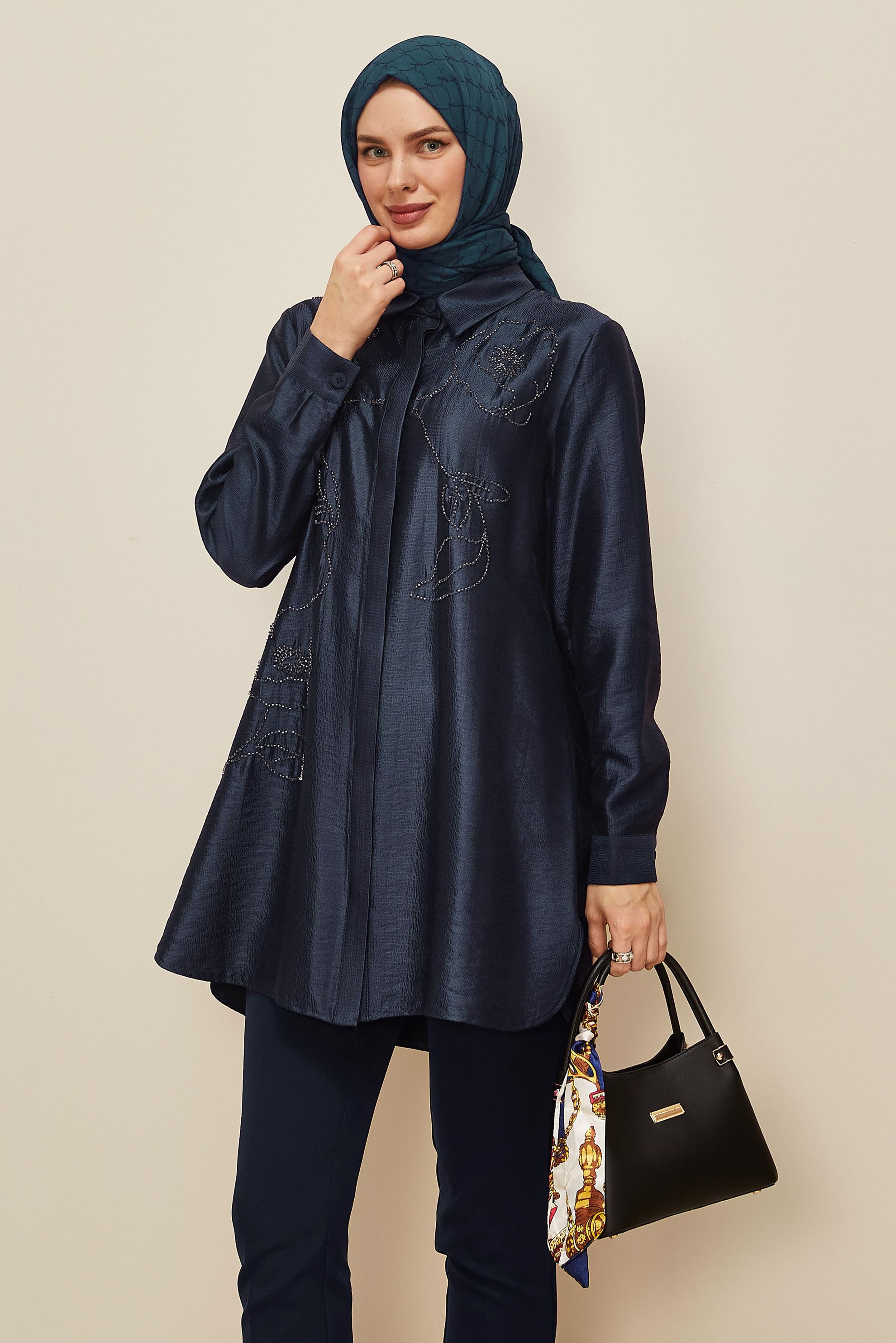 Vêtements hijab BLEU MARINE TUNIQUE BRODÉE DE PERLES 46021