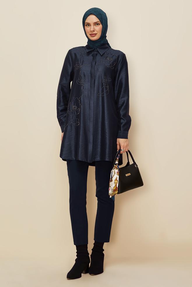 Tesettür giyim LACİVERT BONCUK İŞLEMELİ TUNİK 46021 - ALVİNA
