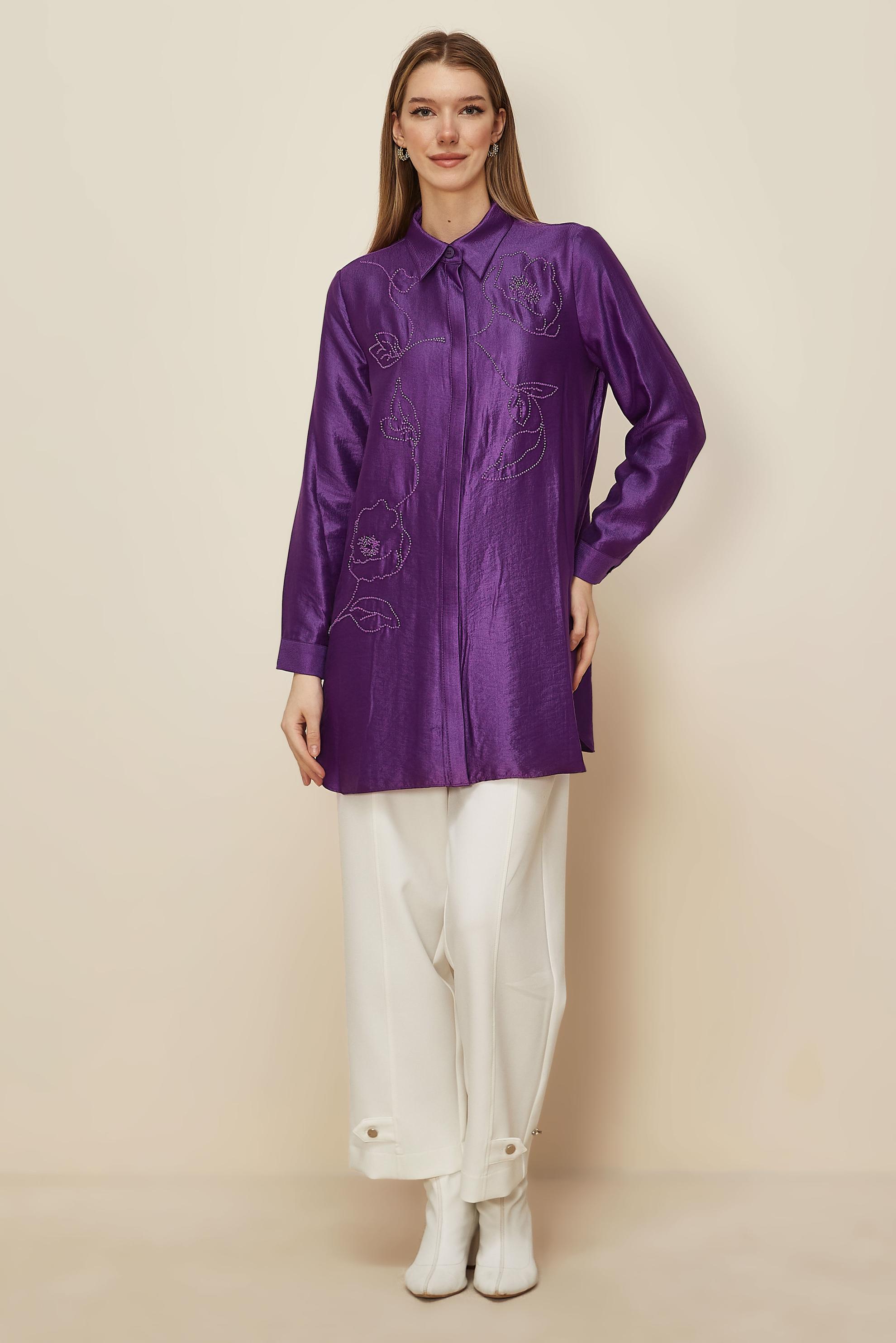 Tesettür giyim MOR BONCUK İŞLEMELİ TUNİK 46021