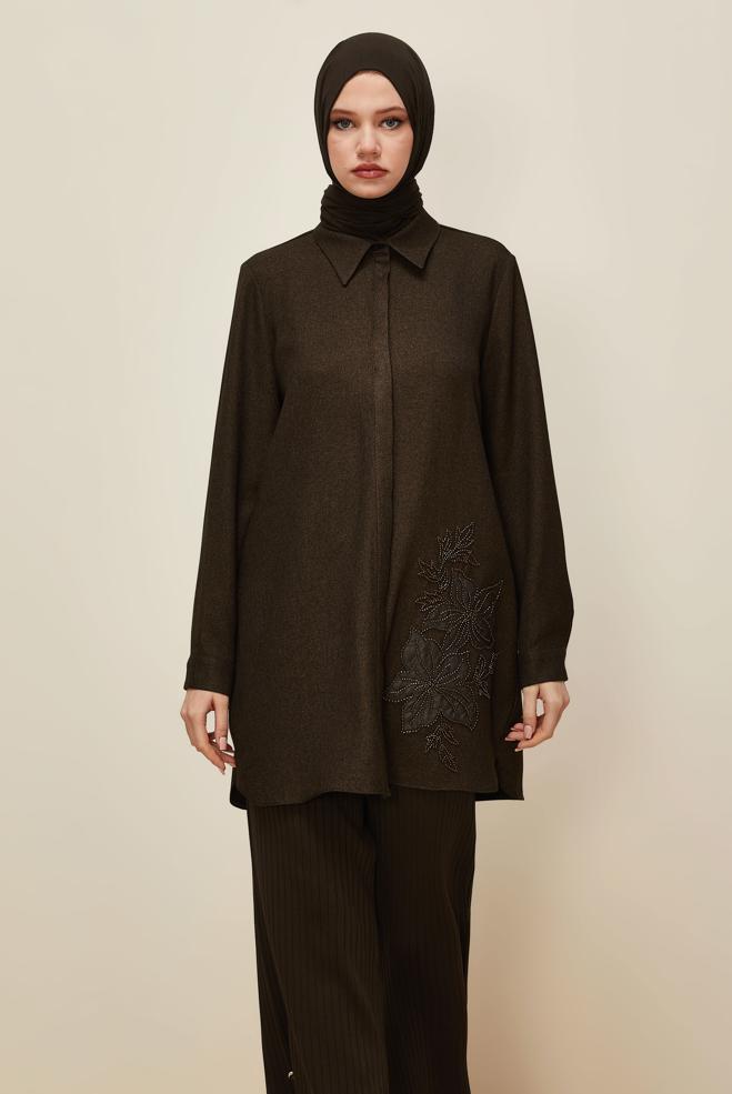 Hijab clothing BROWN BEAD DETAILED TUNIC 46022 - ALVİNA