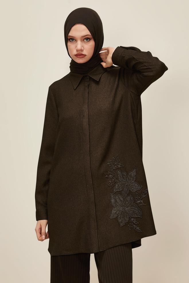 Hijab clothing BROWN BEAD DETAILED TUNIC 46022 - ALVİNA