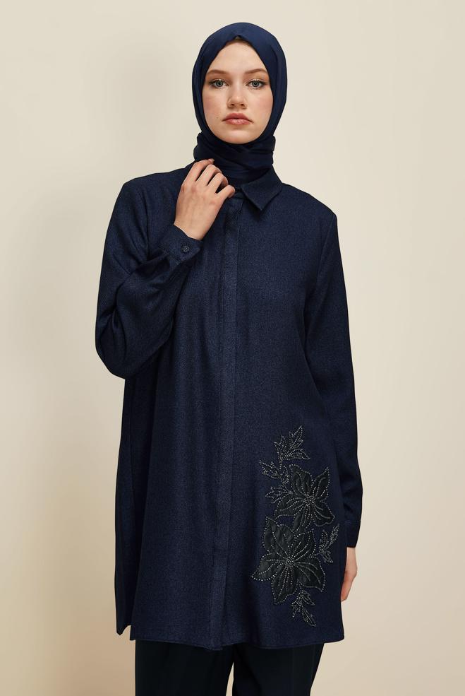 Hijab clothing NAVY BLUE BEAD DETAILED TUNIC 46022 - ALVİNA
