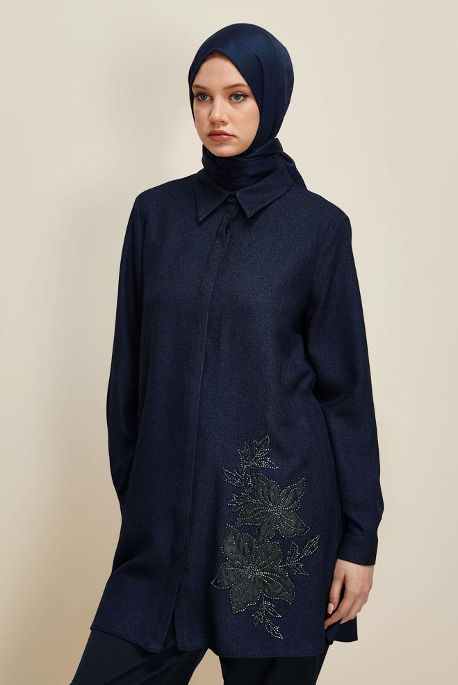 Hijab clothing NAVY BLUE BEAD DETAILED TUNIC 46022 - ALVİNA