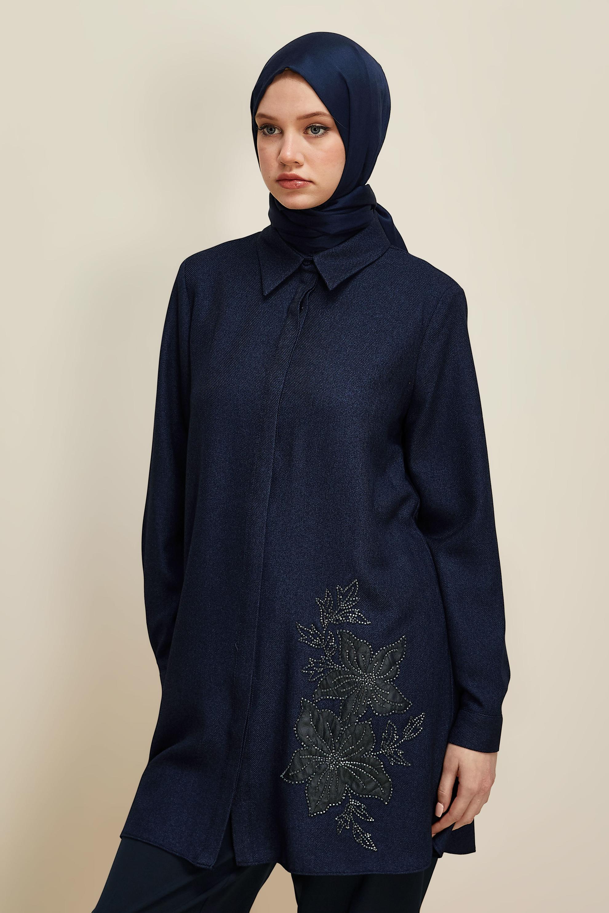 Hijab clothing NAVY BLUE BEAD DETAILED TUNIC 46022