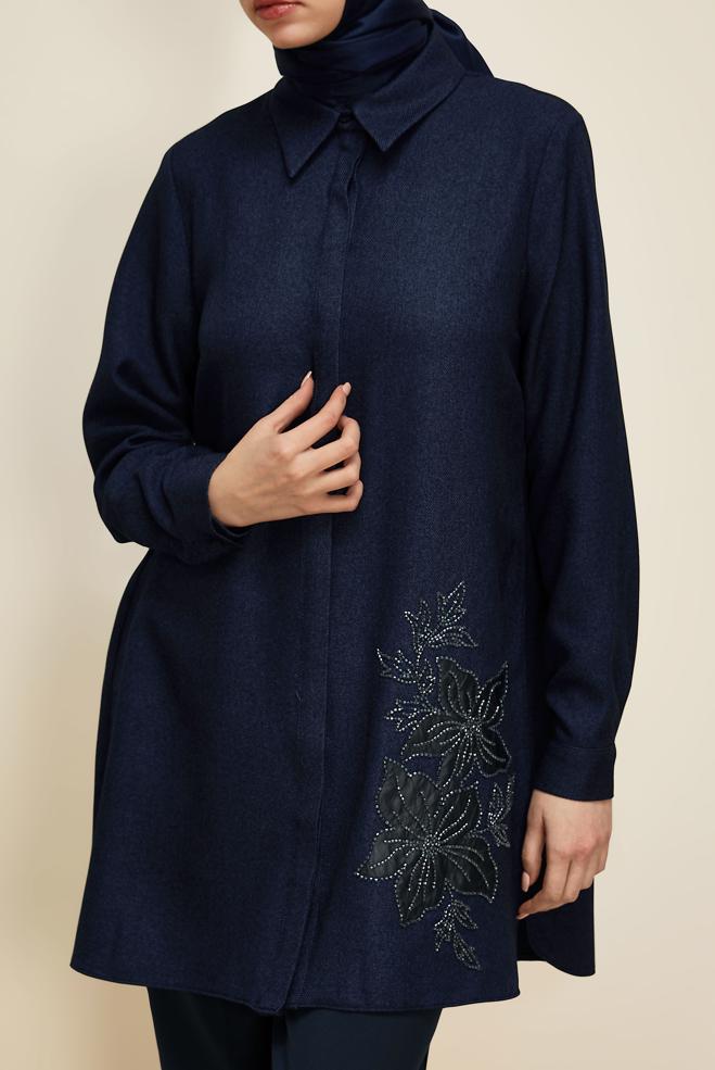 Hijab clothing NAVY BLUE BEAD DETAILED TUNIC 46022 - ALVİNA