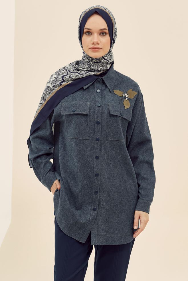Tesettür giyim LACİVERT CEP DETAYLI GÖMLEK TUNİK 46023 - ALVİNA