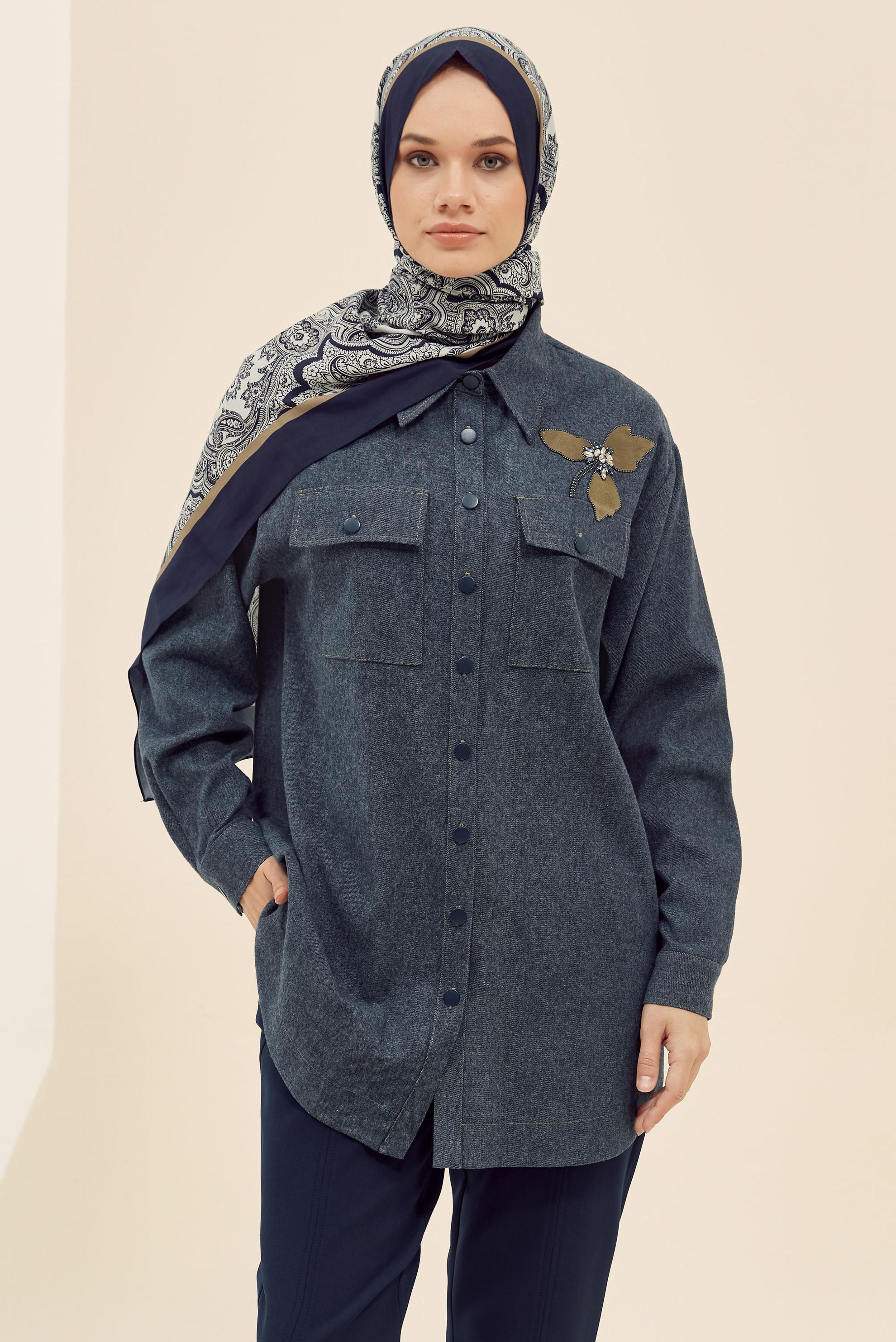Tesettür giyim LACİVERT CEP DETAYLI GÖMLEK TUNİK 46023
