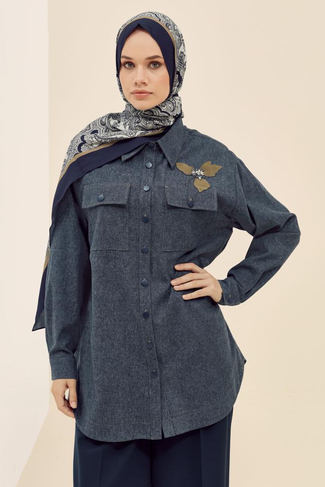 Tesettür giyim LACİVERT CEP DETAYLI GÖMLEK TUNİK 46023 - ALVİNA