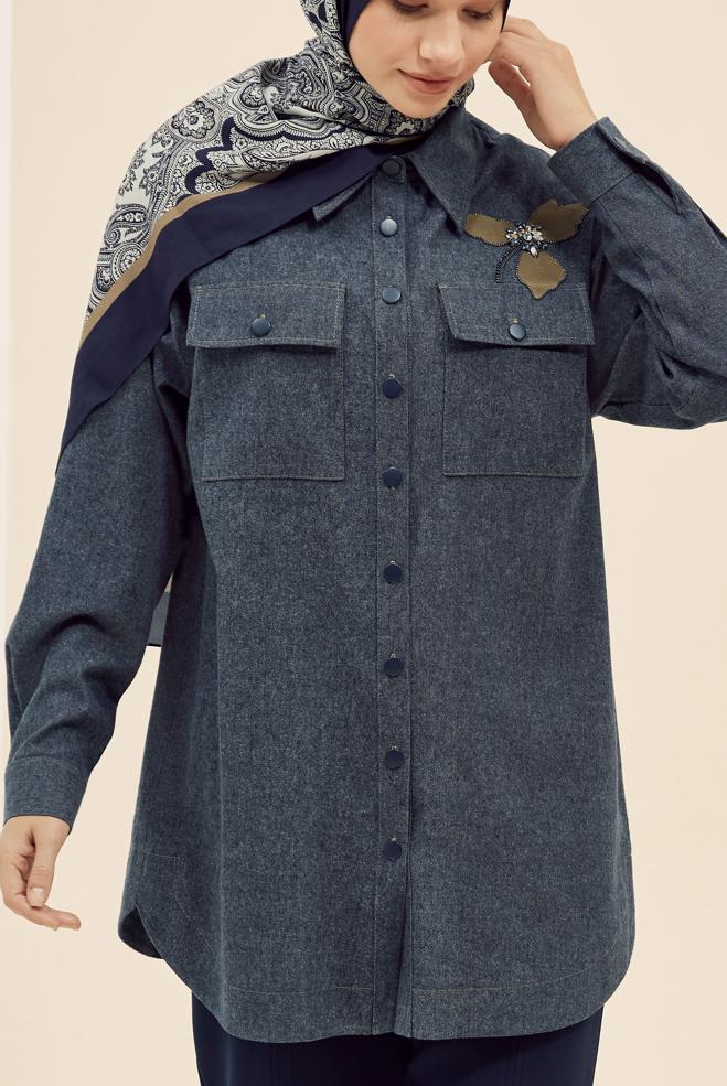 Tesettür giyim LACİVERT CEP DETAYLI GÖMLEK TUNİK 46023 - ALVİNA