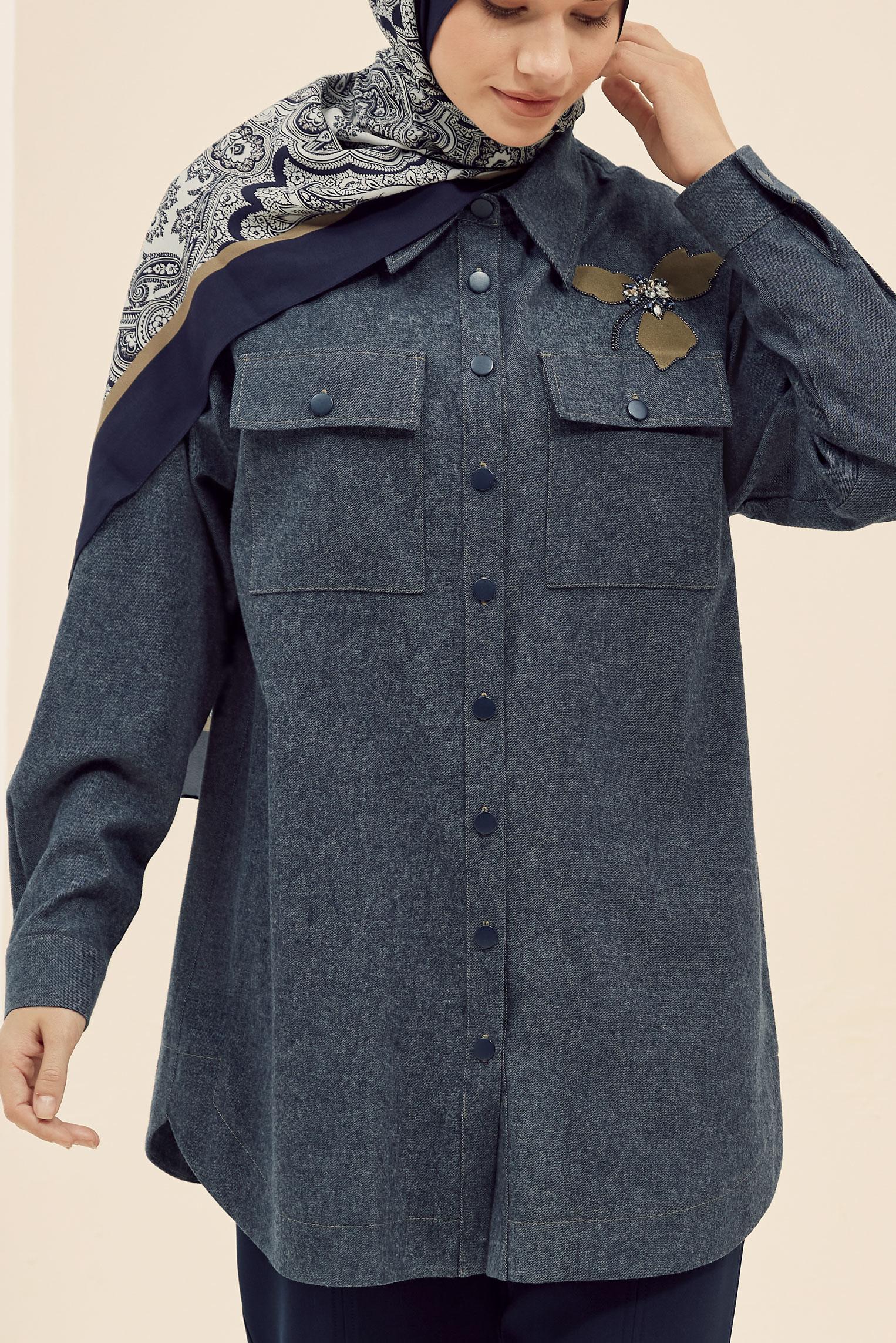 Tesettür giyim LACİVERT CEP DETAYLI GÖMLEK TUNİK 46023