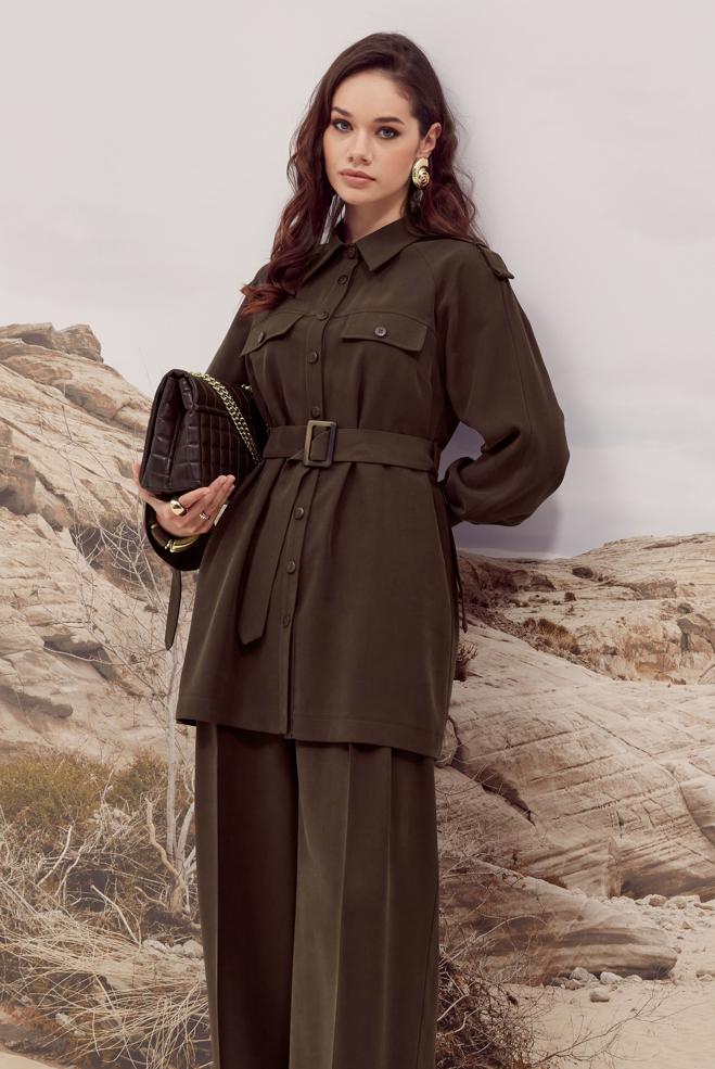 Tesettür giyim KAHVE KUŞAKLI TUNİK 46028 - ALVİNA