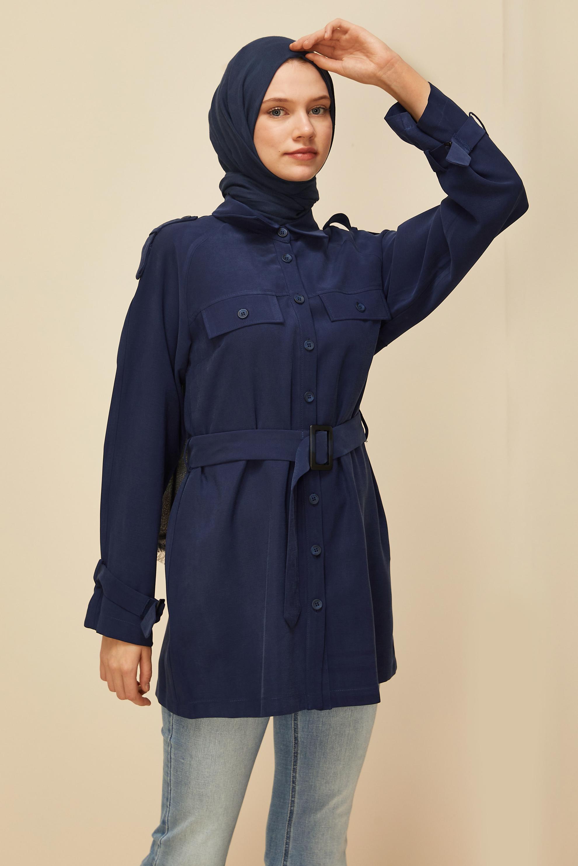 Tesettür giyim LACİVERT KUŞAKLI TUNİK 46028