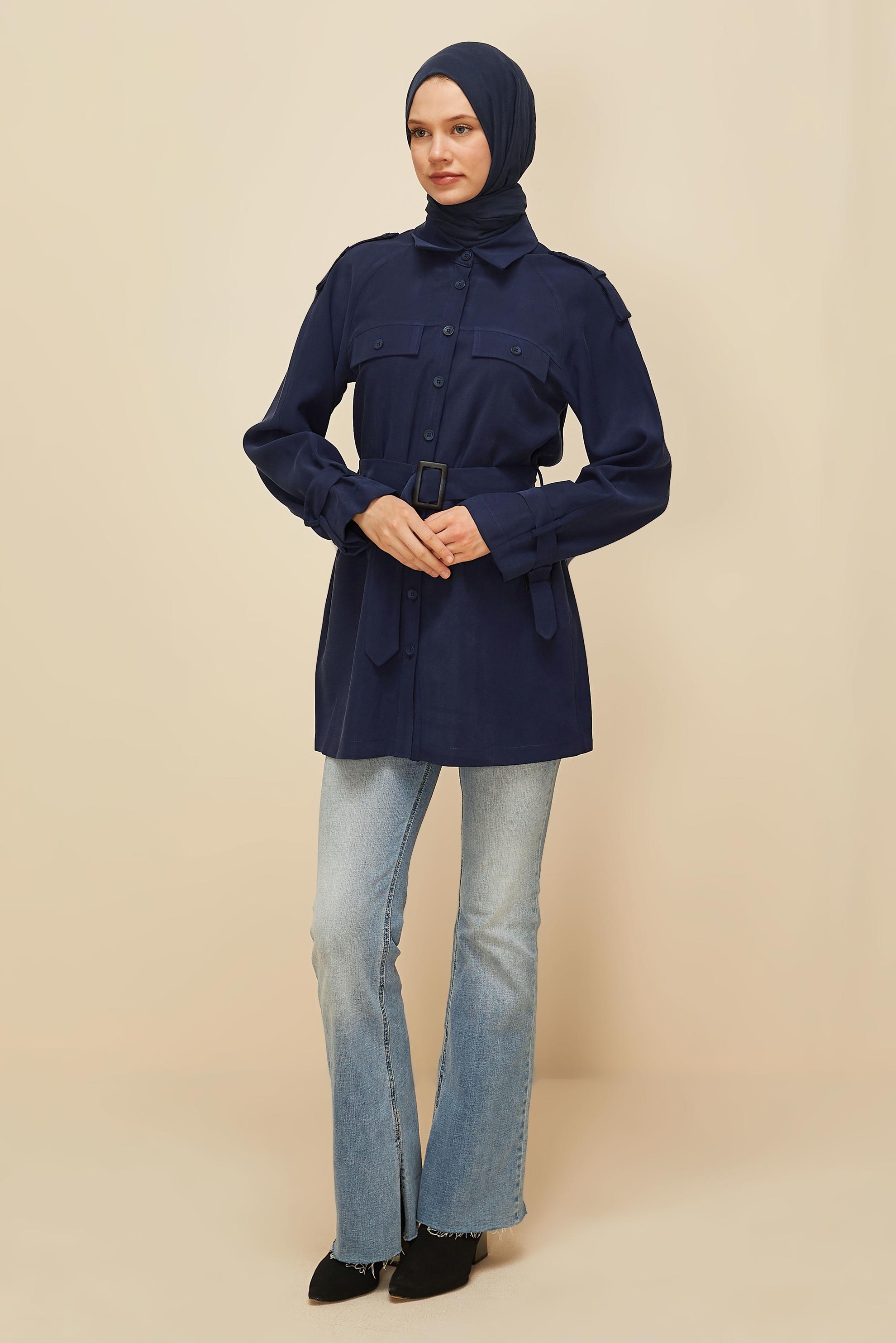 Tesettür giyim LACİVERT KUŞAKLI TUNİK 46028