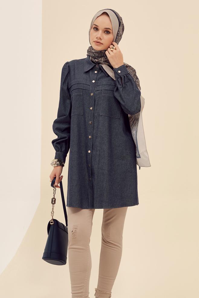Vêtements hijab BLEU MARINE TUNIQUE COL CHEMISE 46034 - ALVİNA