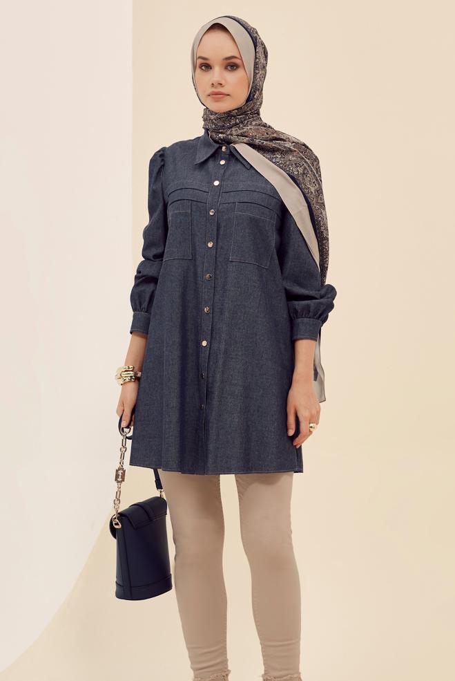 Vêtements hijab BLEU MARINE TUNIQUE COL CHEMISE 46034 - ALVİNA