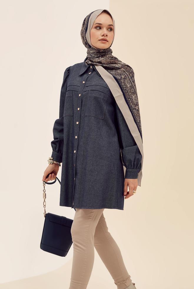 Vêtements hijab BLEU MARINE TUNIQUE COL CHEMISE 46034 - ALVİNA