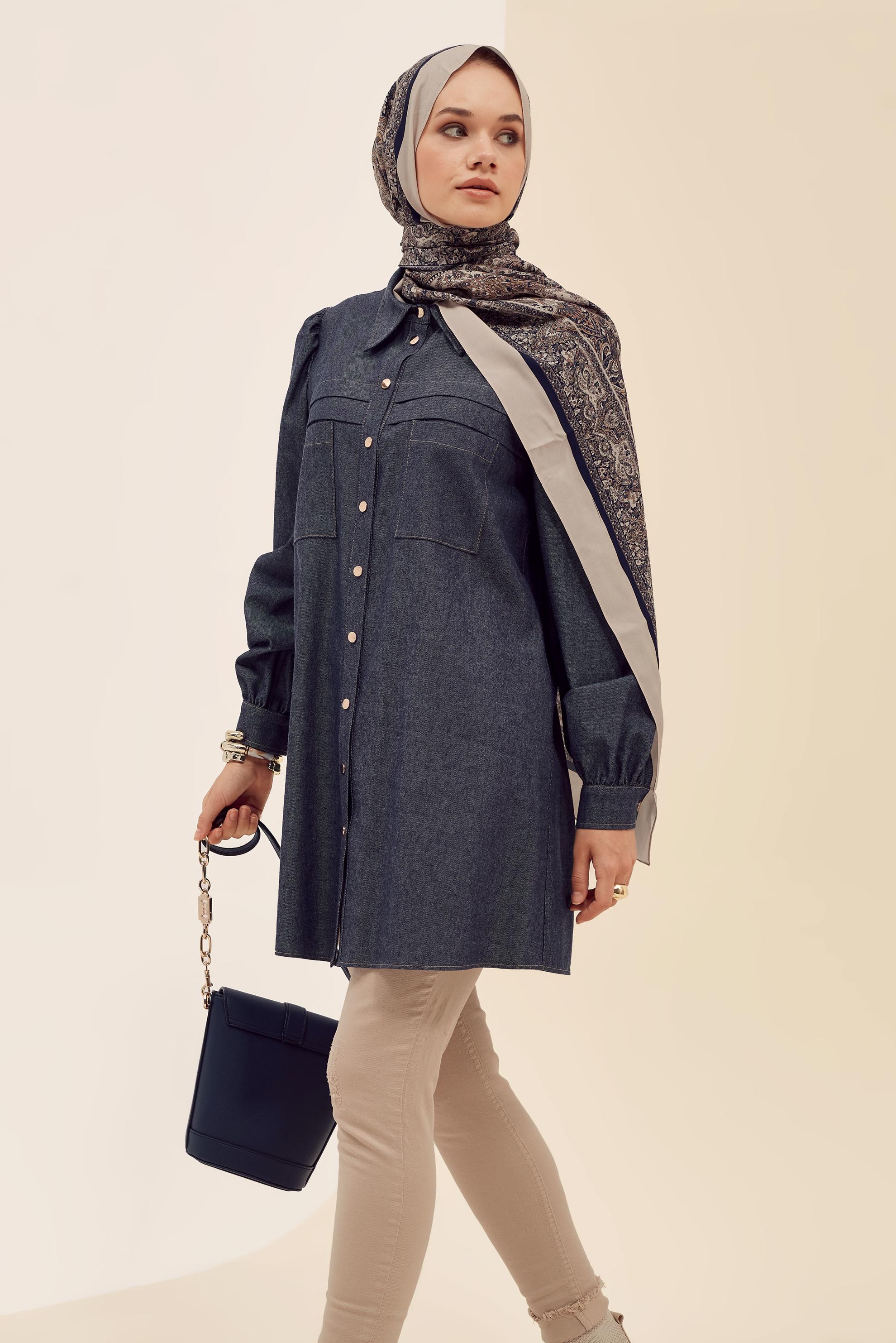 Tesettür giyim LACİVERT GÖMLEK YAKA TUNİK 46034