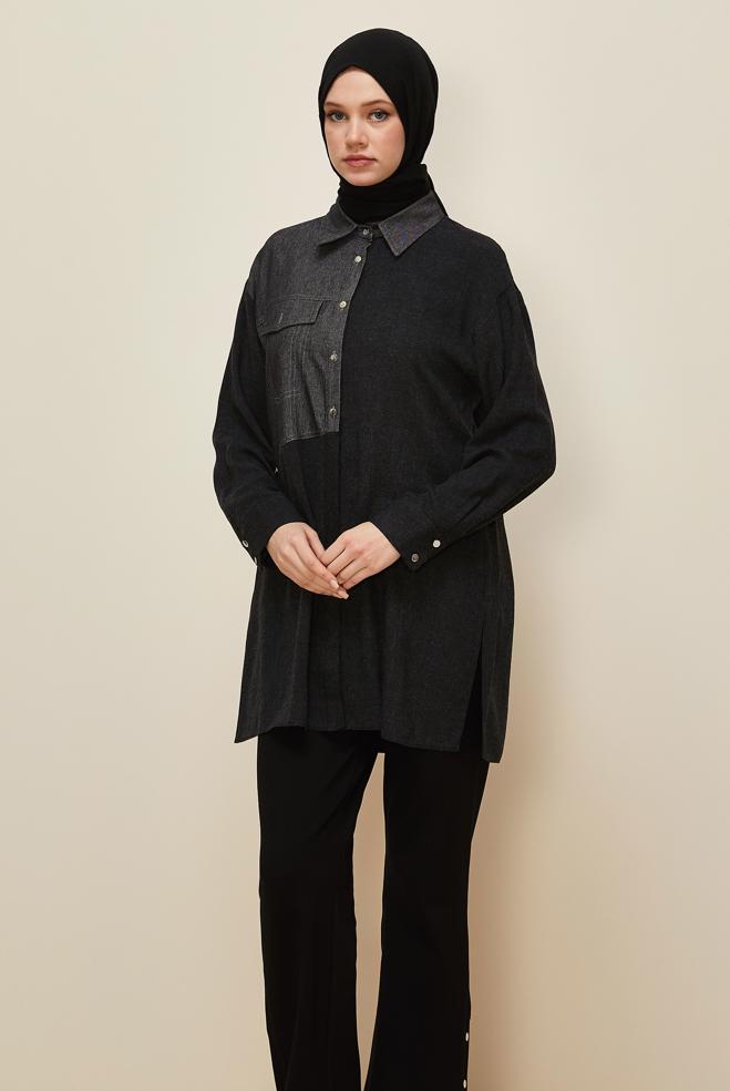 Tesettür giyim SİYAH GÖMLEK YAKA TUNİK 46035 - ALVİNA