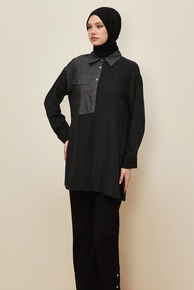 Tesettür giyim SİYAH GÖMLEK YAKA TUNİK 46035 - ALVİNA
