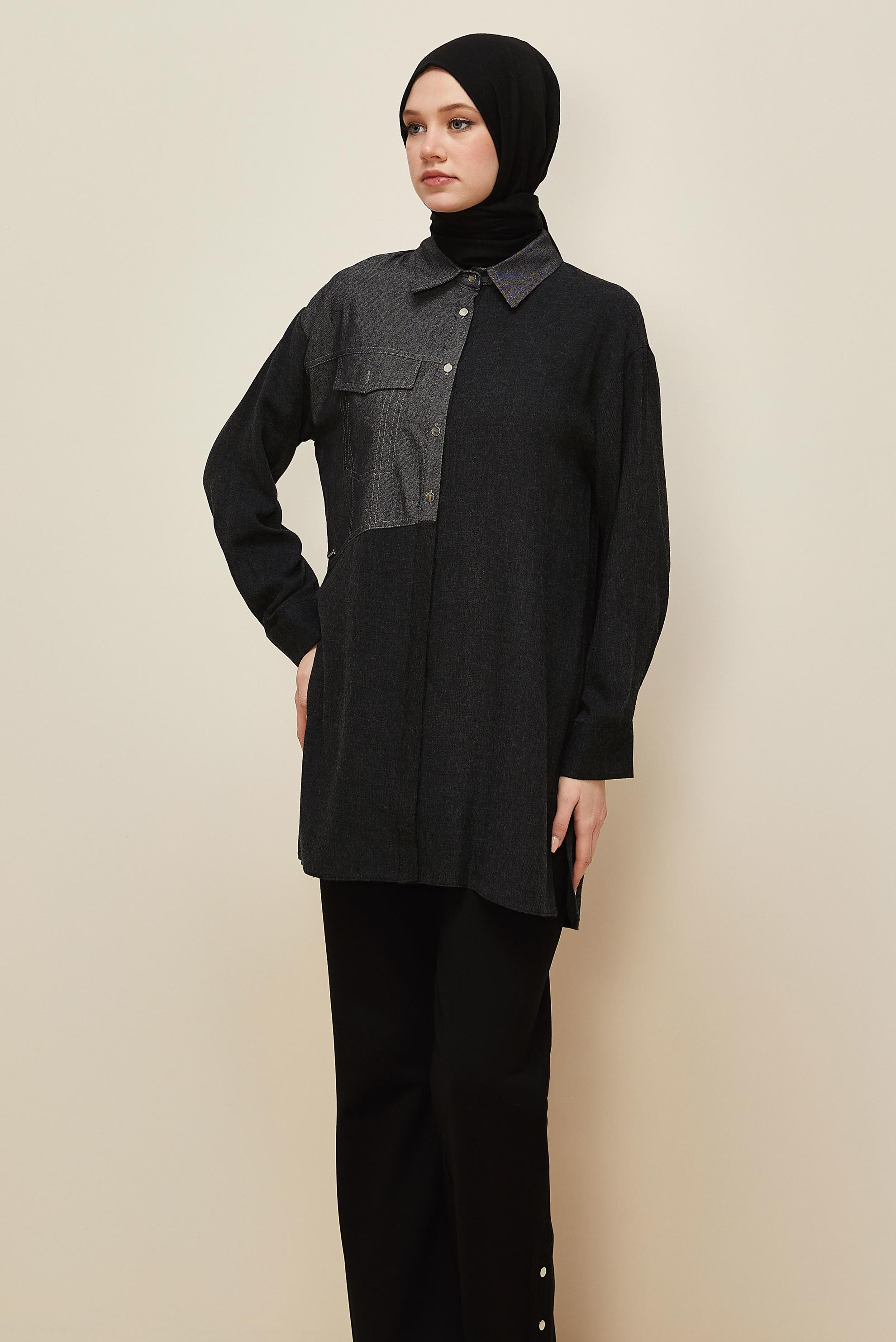 Tesettür giyim SİYAH GÖMLEK YAKA TUNİK 46035