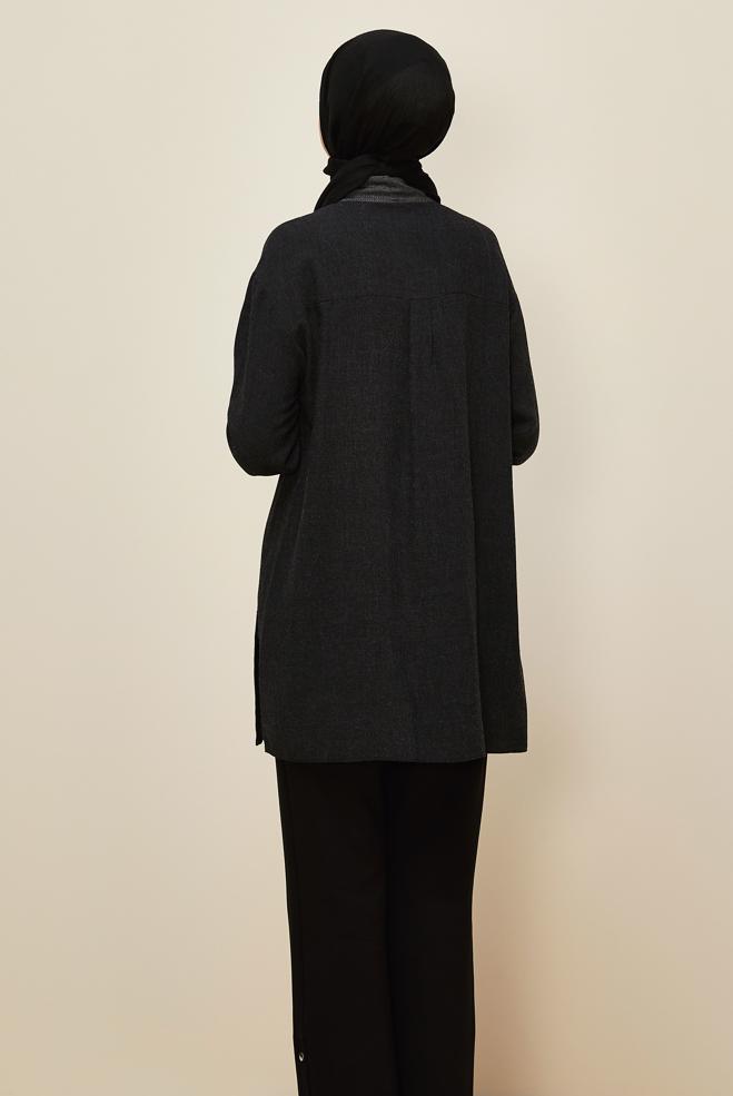 Tesettür giyim SİYAH GÖMLEK YAKA TUNİK 46035 - ALVİNA